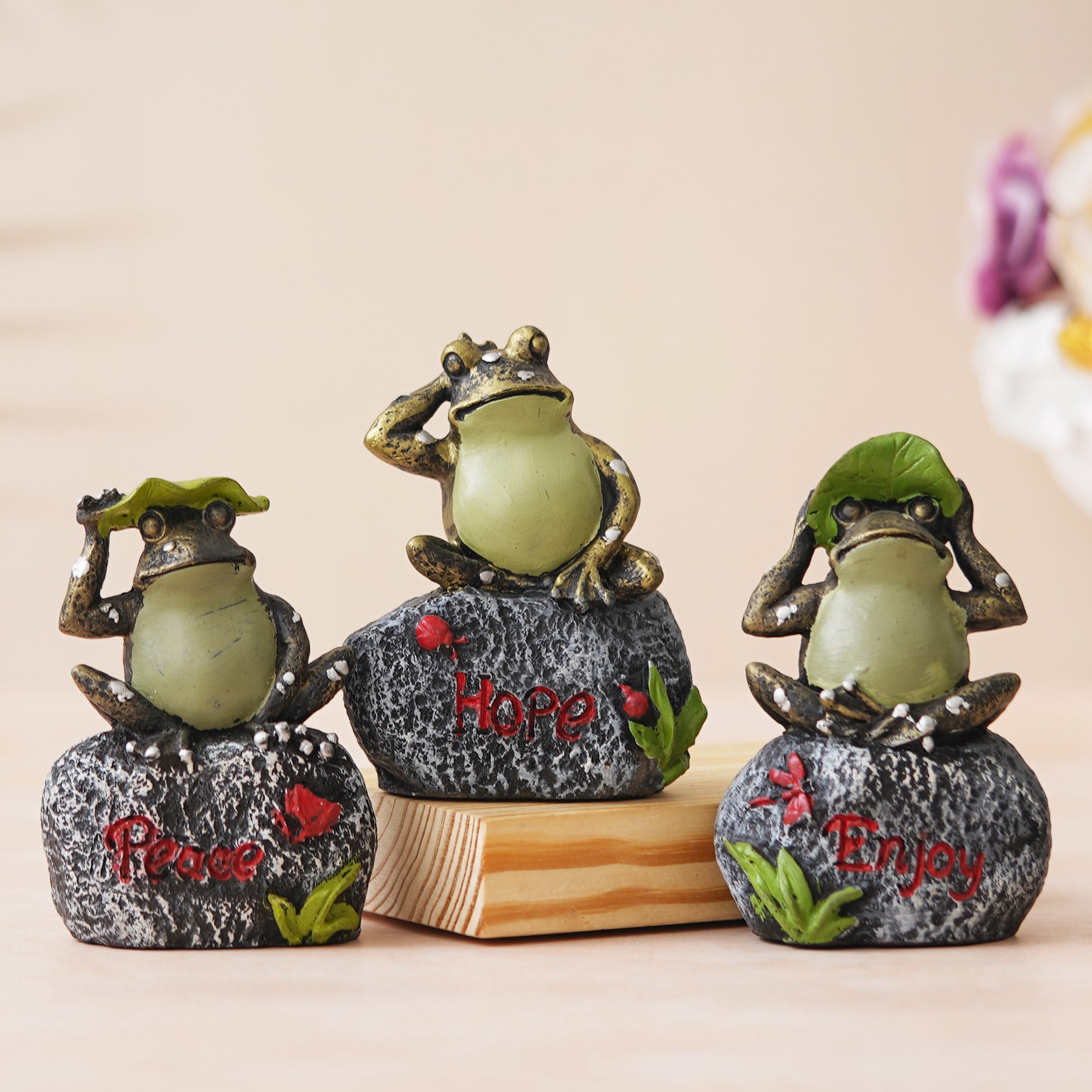 eCraftIndia Set of 3 Green Polyresin Tortoise Statues Sitting on Stone Decorative Showpieces 6