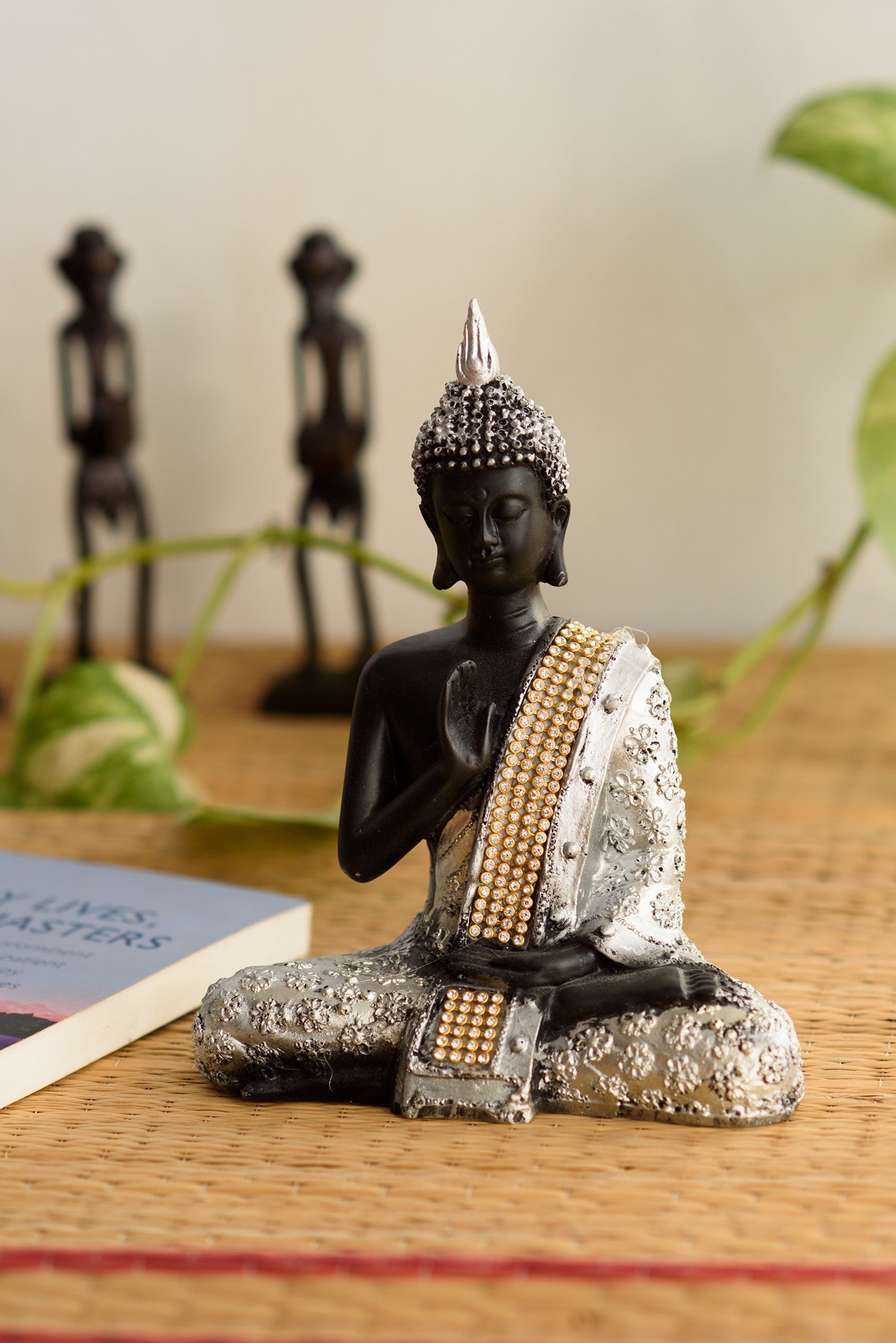 Polyresin Silver and black Meditating Blessing Buddha statue