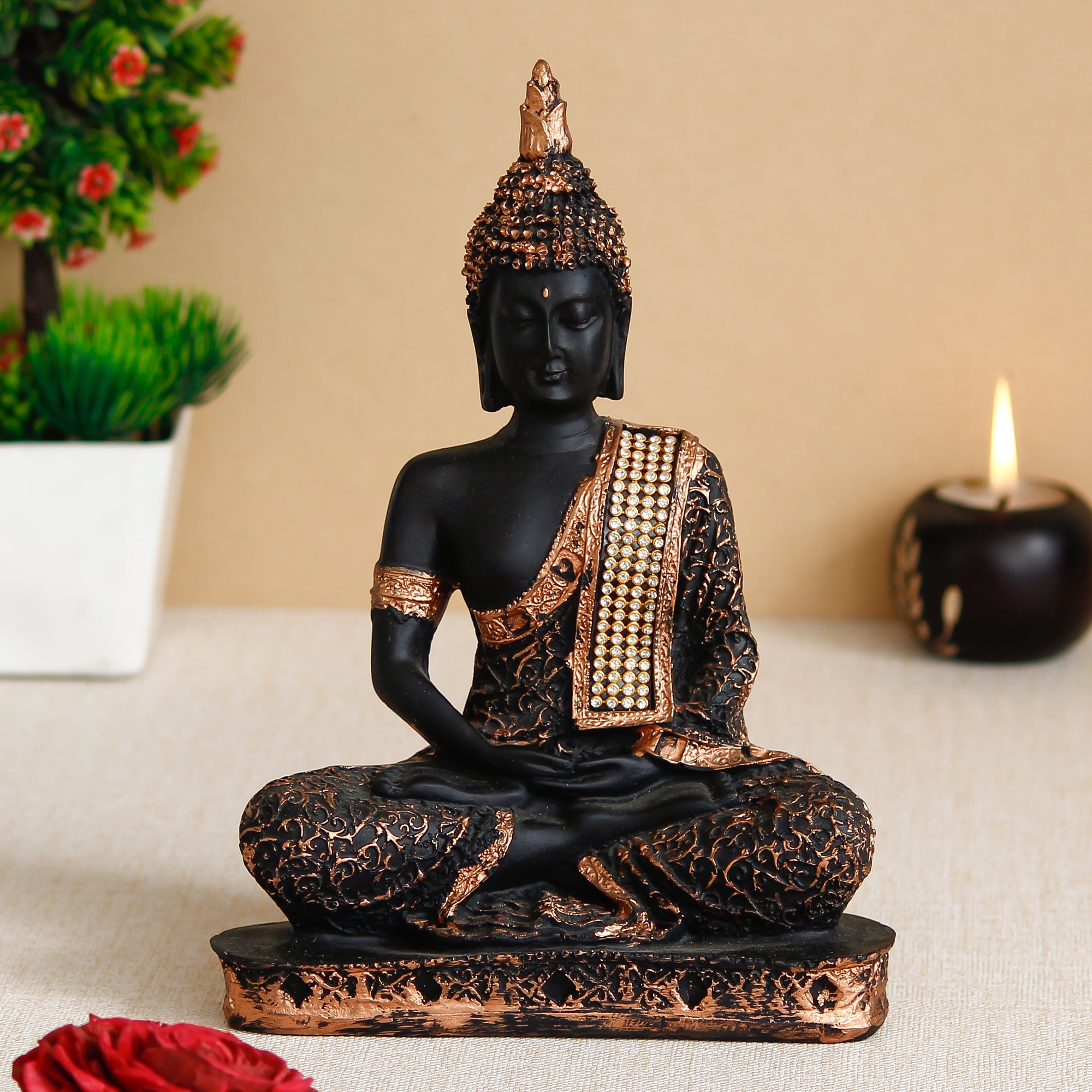 Black and Copper Meditating Lord Buddha Handcrafted Decorative Showpiece