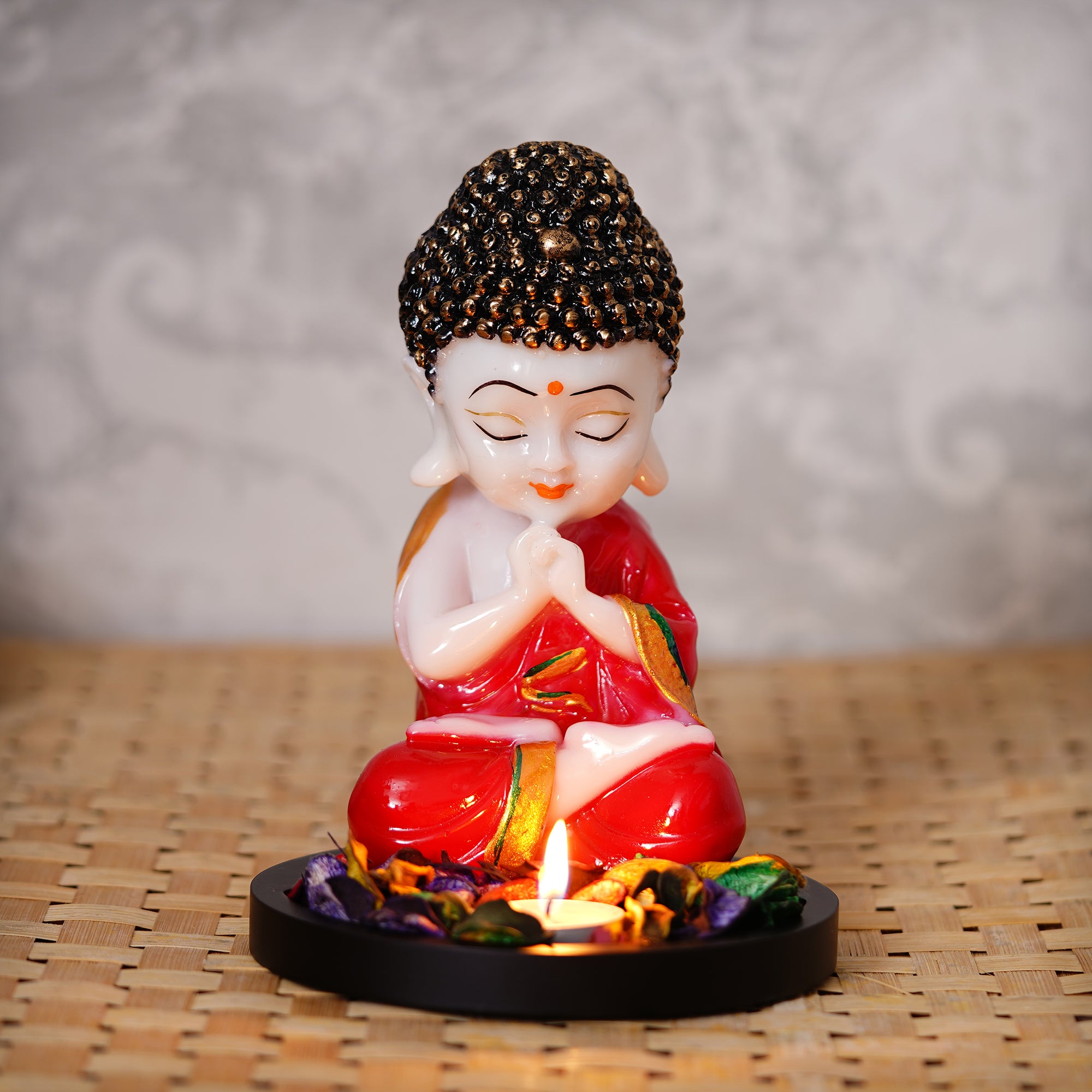 Polyresin Red and White Praying Monk Buddha Idol with Wooden Base, Fragranced Petals and Tealight