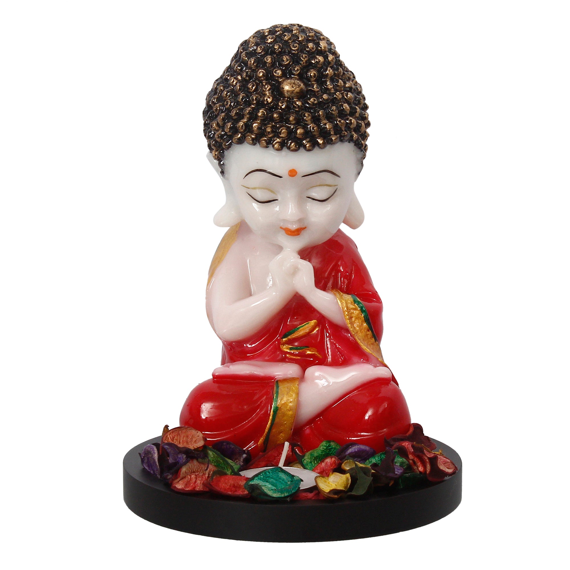 Polyresin Red and White Praying Monk Buddha Idol with Wooden Base, Fragranced Petals and Tealight 2