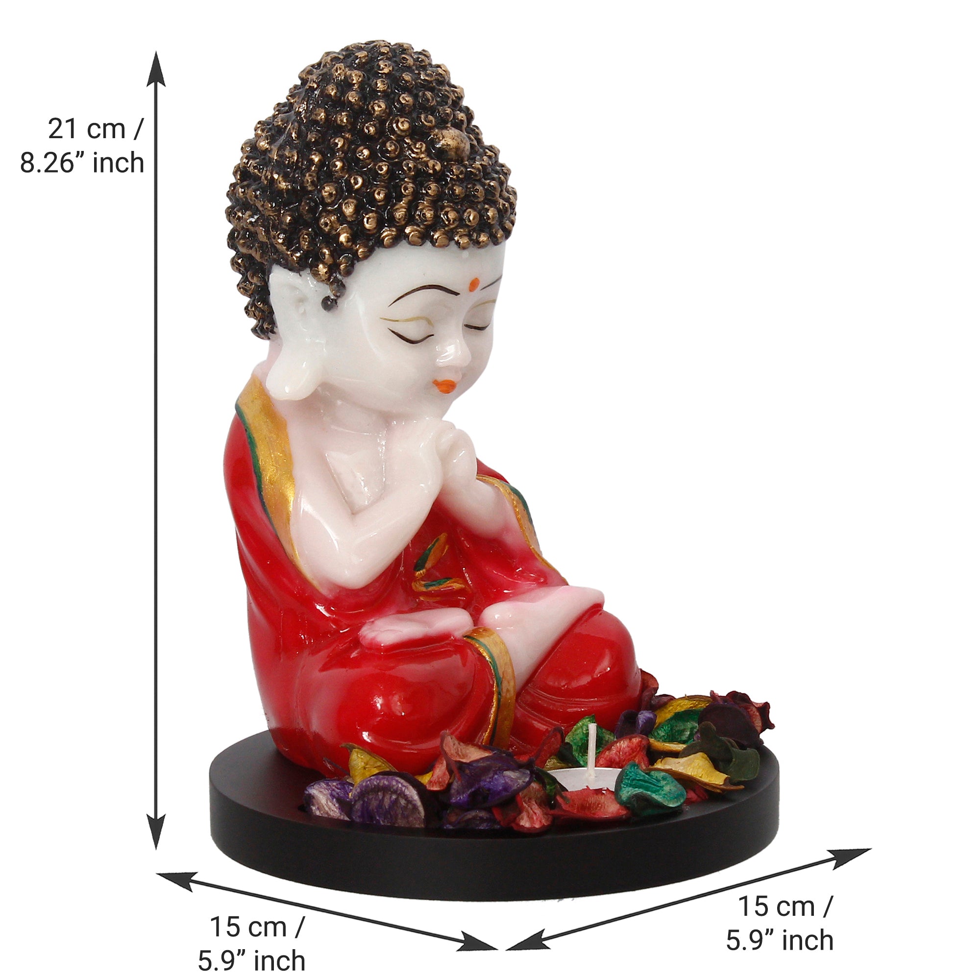 Polyresin Red and White Praying Monk Buddha Idol with Wooden Base, Fragranced Petals and Tealight 3