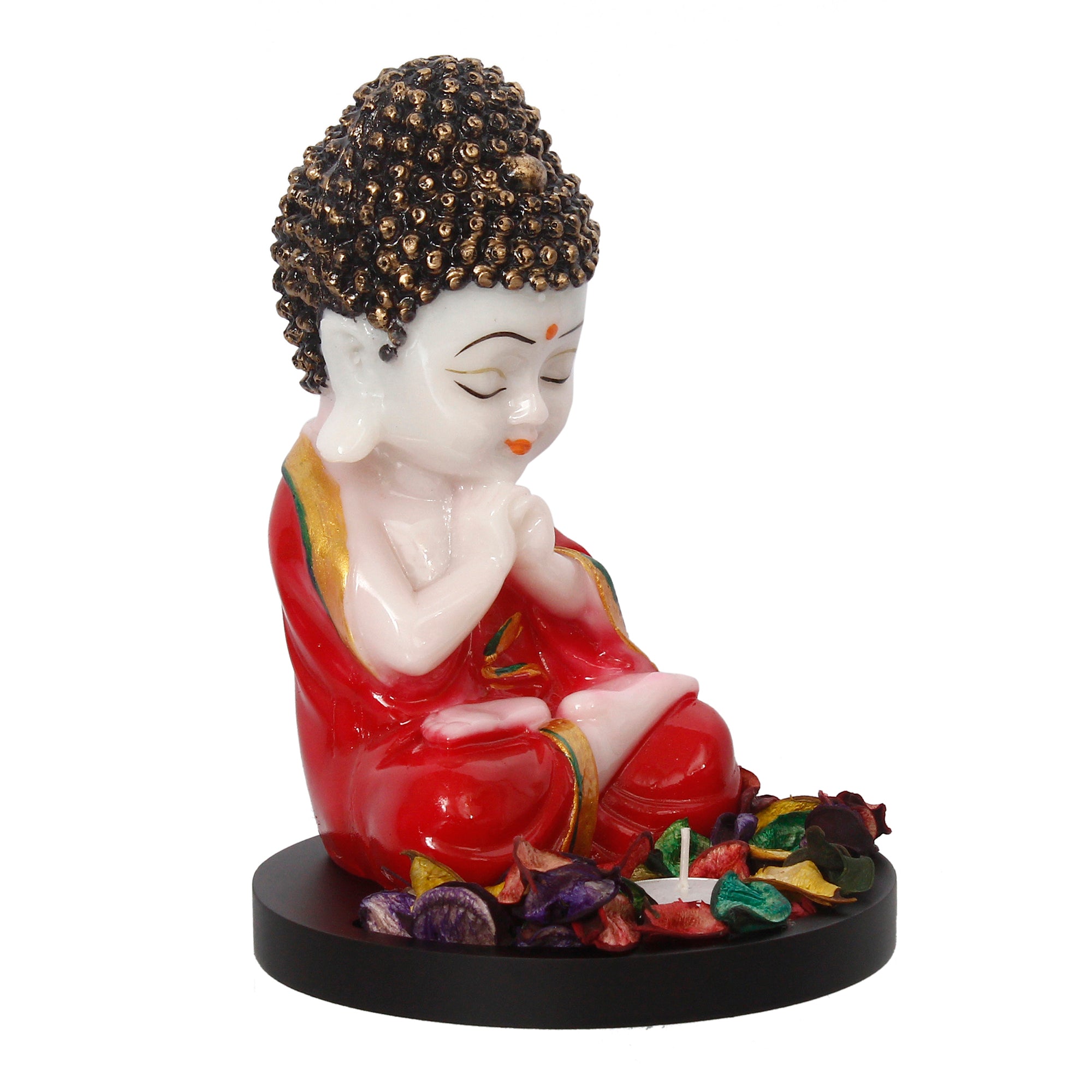 Polyresin Red and White Praying Monk Buddha Idol with Wooden Base, Fragranced Petals and Tealight 4