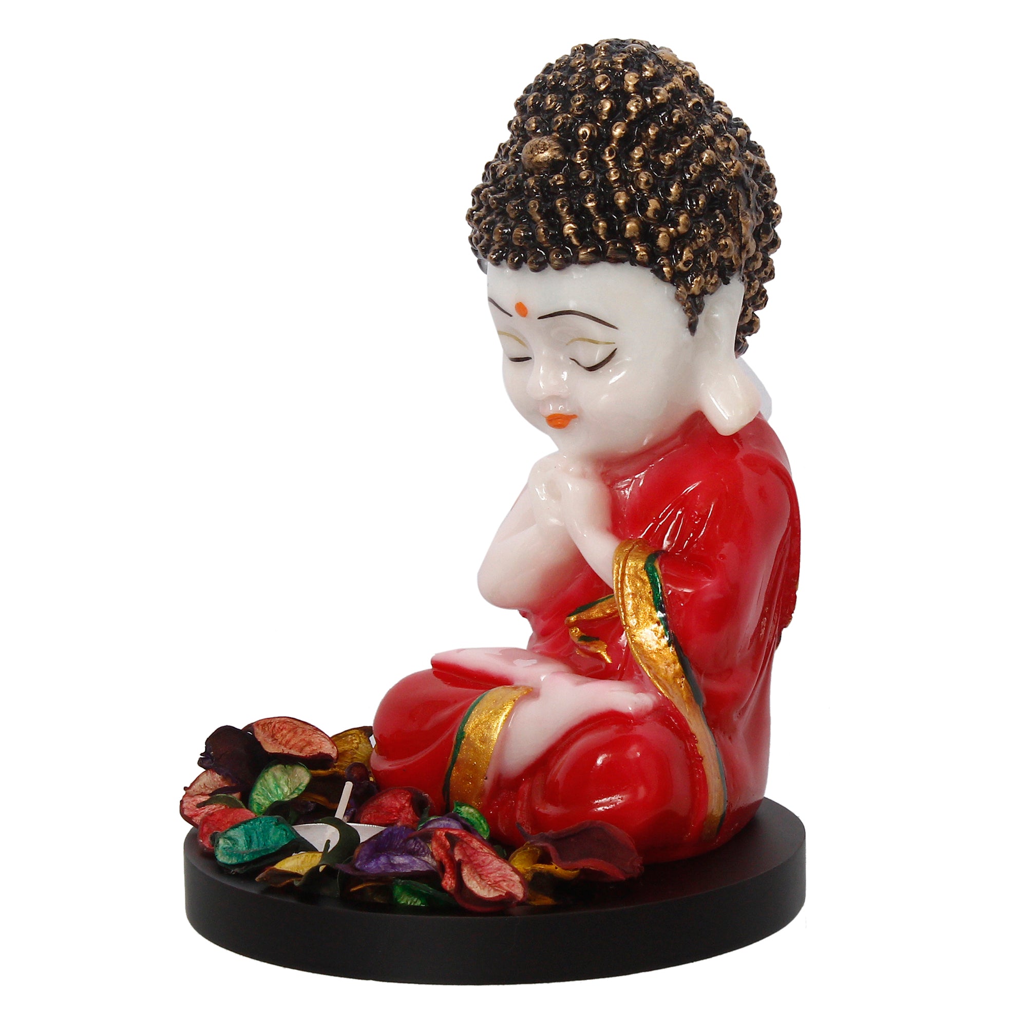 Polyresin Red and White Praying Monk Buddha Idol with Wooden Base, Fragranced Petals and Tealight 5