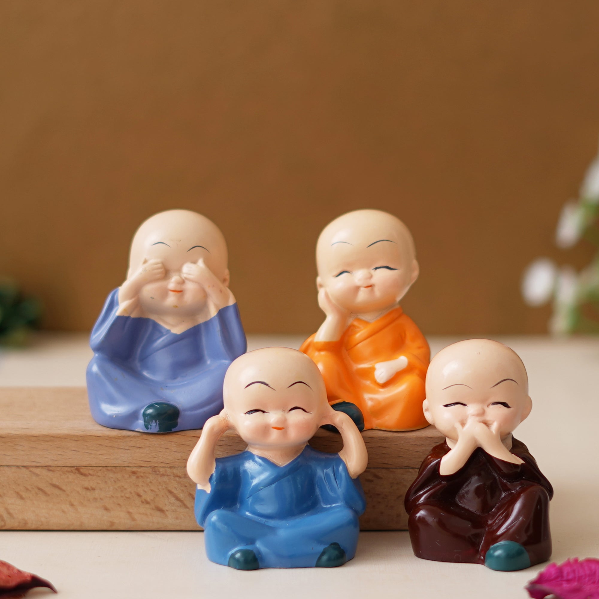 eCraftIndia Set Of 4 Cute Little Monk Buddha Statues Decorative Showpieces For Car Dashboard, Home Office Decor