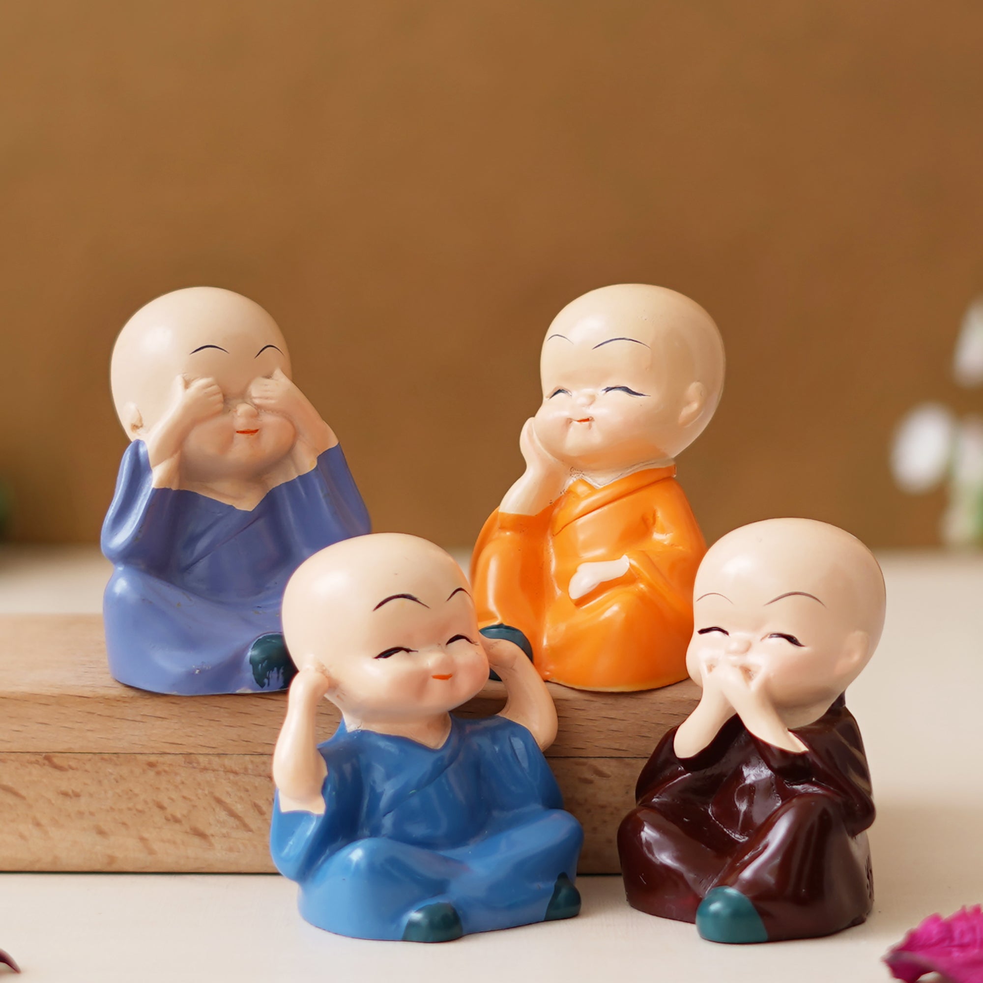 eCraftIndia Set Of 4 Cute Little Monk Buddha Statues Decorative Showpieces For Car Dashboard, Home Office Decor 5