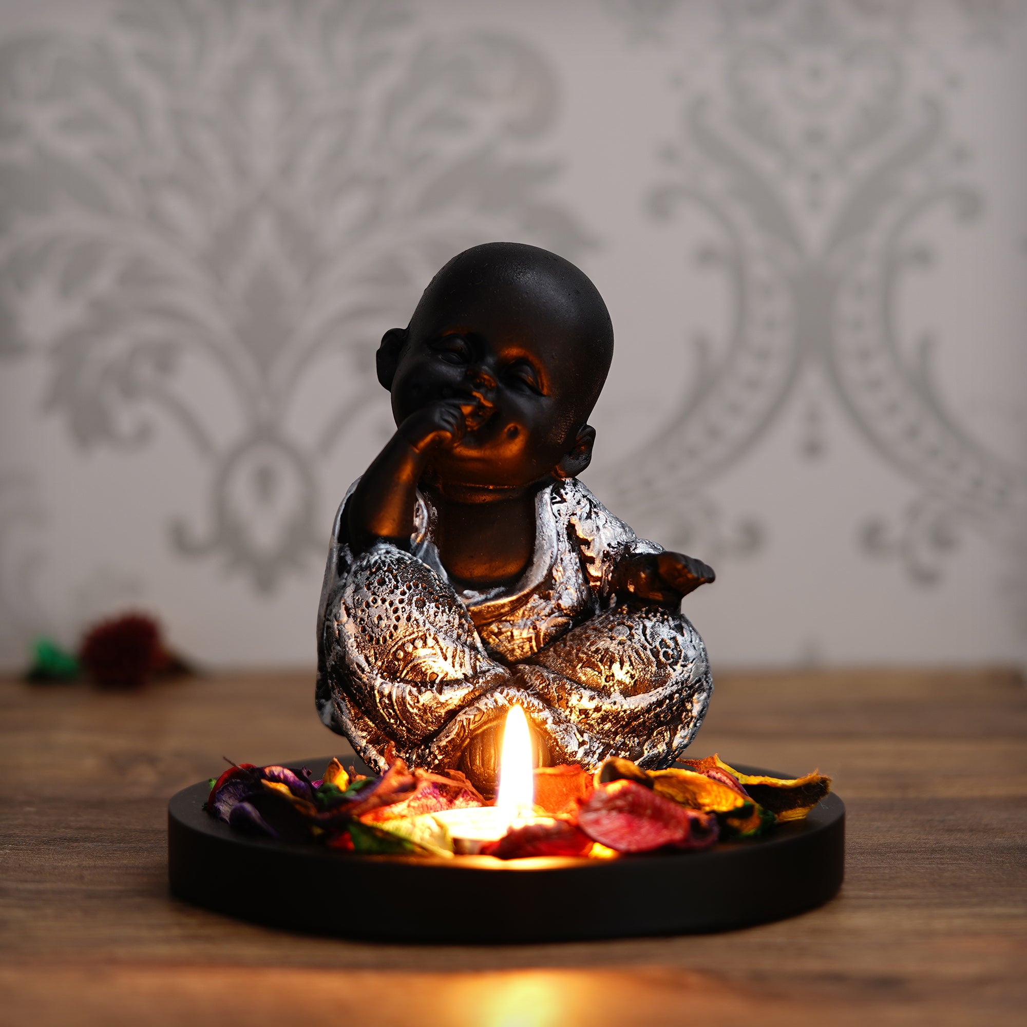 Decorative Smiling Monk Buddha Idol With Wooden Base, Fragranced Petals, And Tealight 1