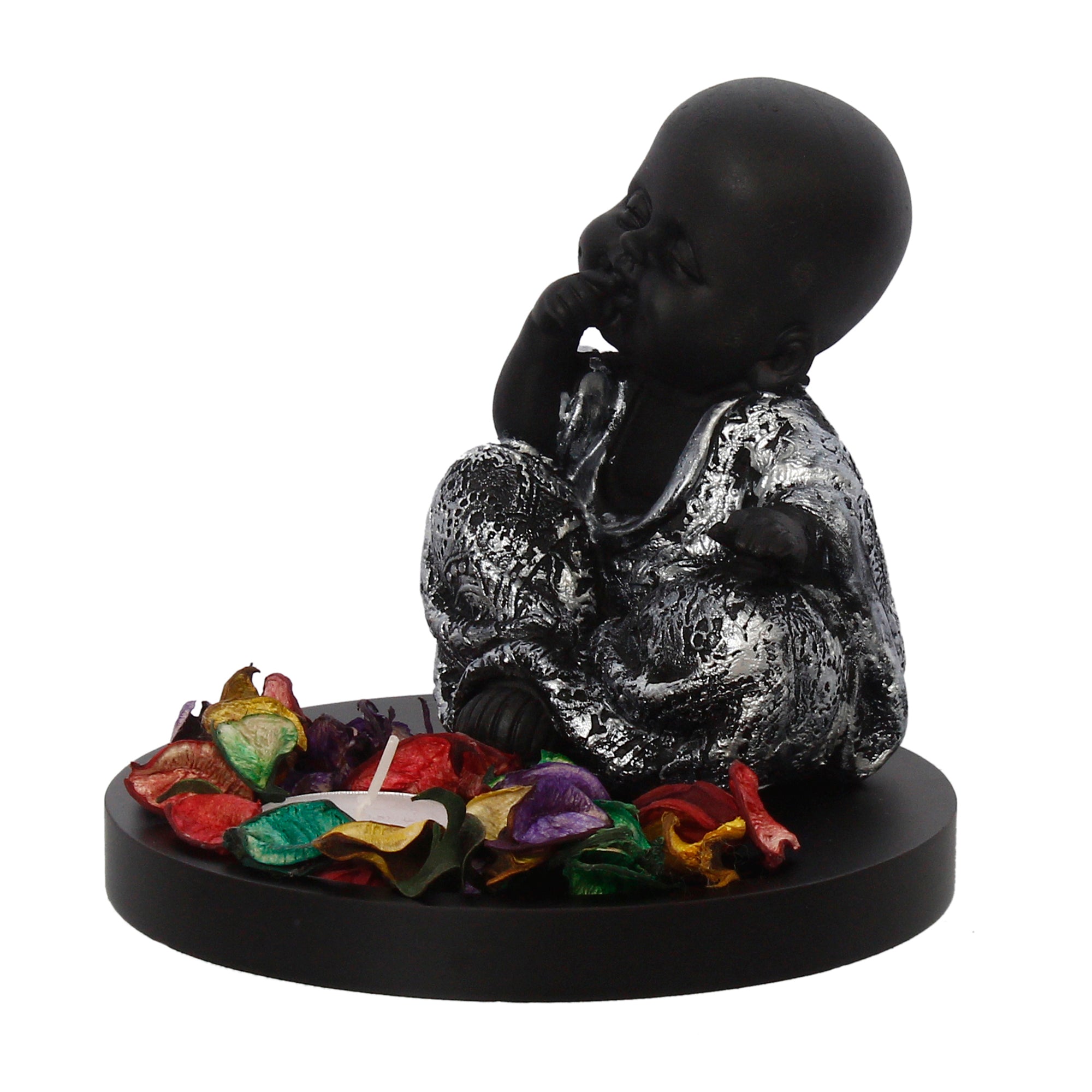 Decorative Smiling Monk Buddha Idol With Wooden Base, Fragranced Petals, And Tealight 5