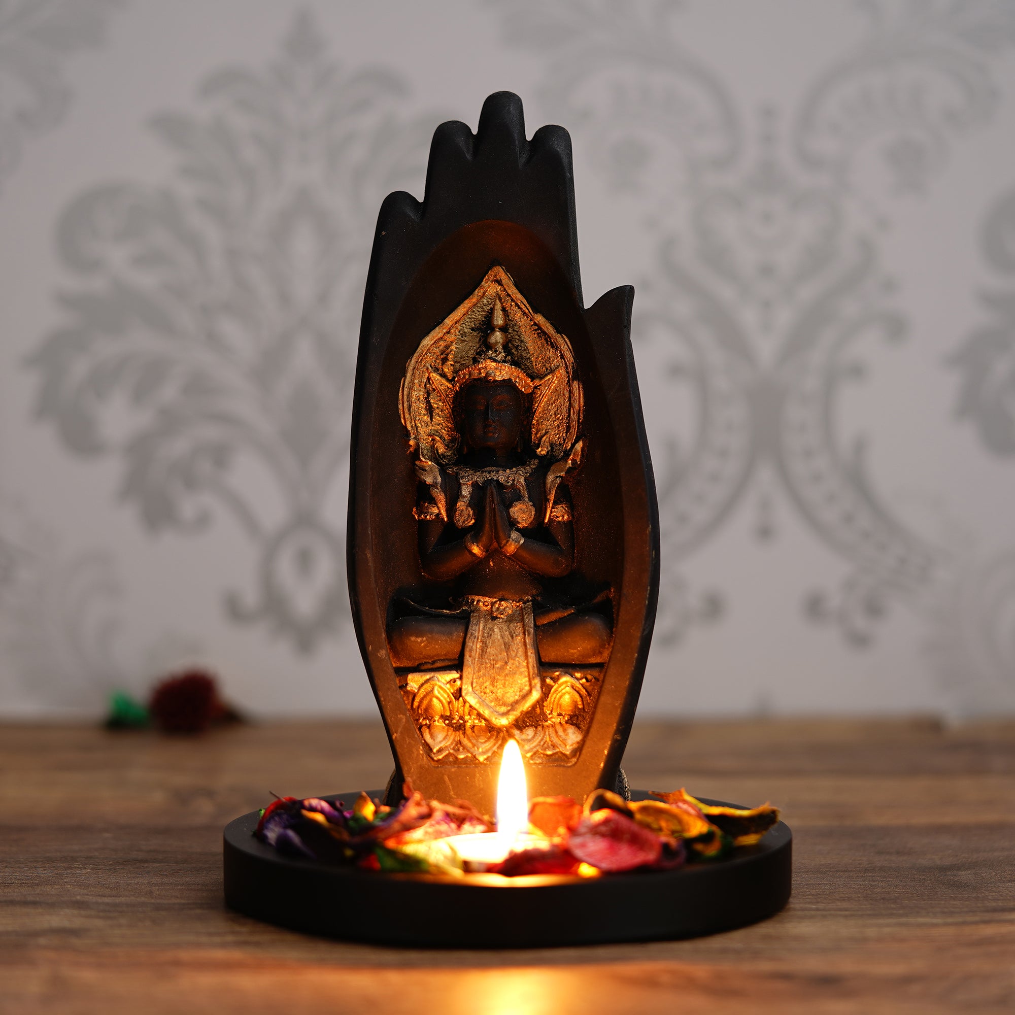 Meditating Buddha Idol Under Palm Decorative Showpiece With Wooden Base, Fragranced Petals, Tealight Holder 1