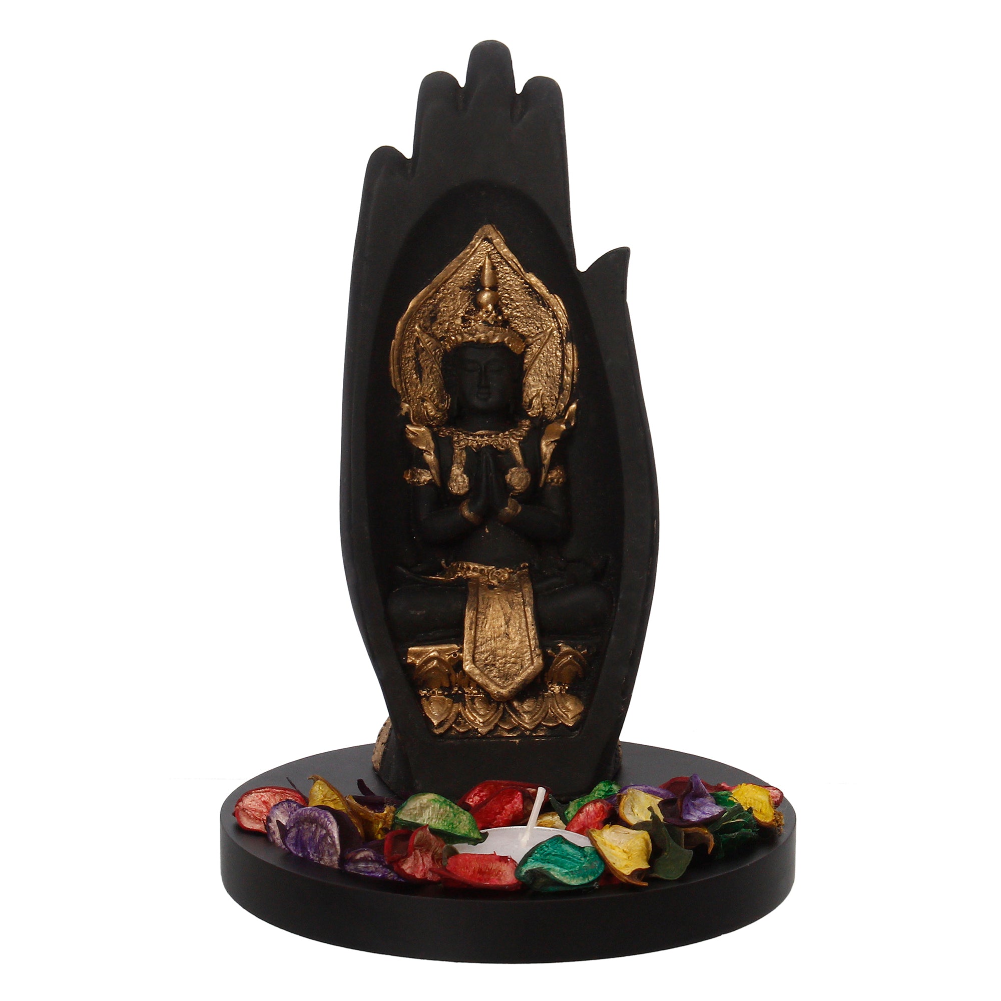 Meditating Buddha Idol Under Palm Decorative Showpiece With Wooden Base, Fragranced Petals, Tealight Holder 2