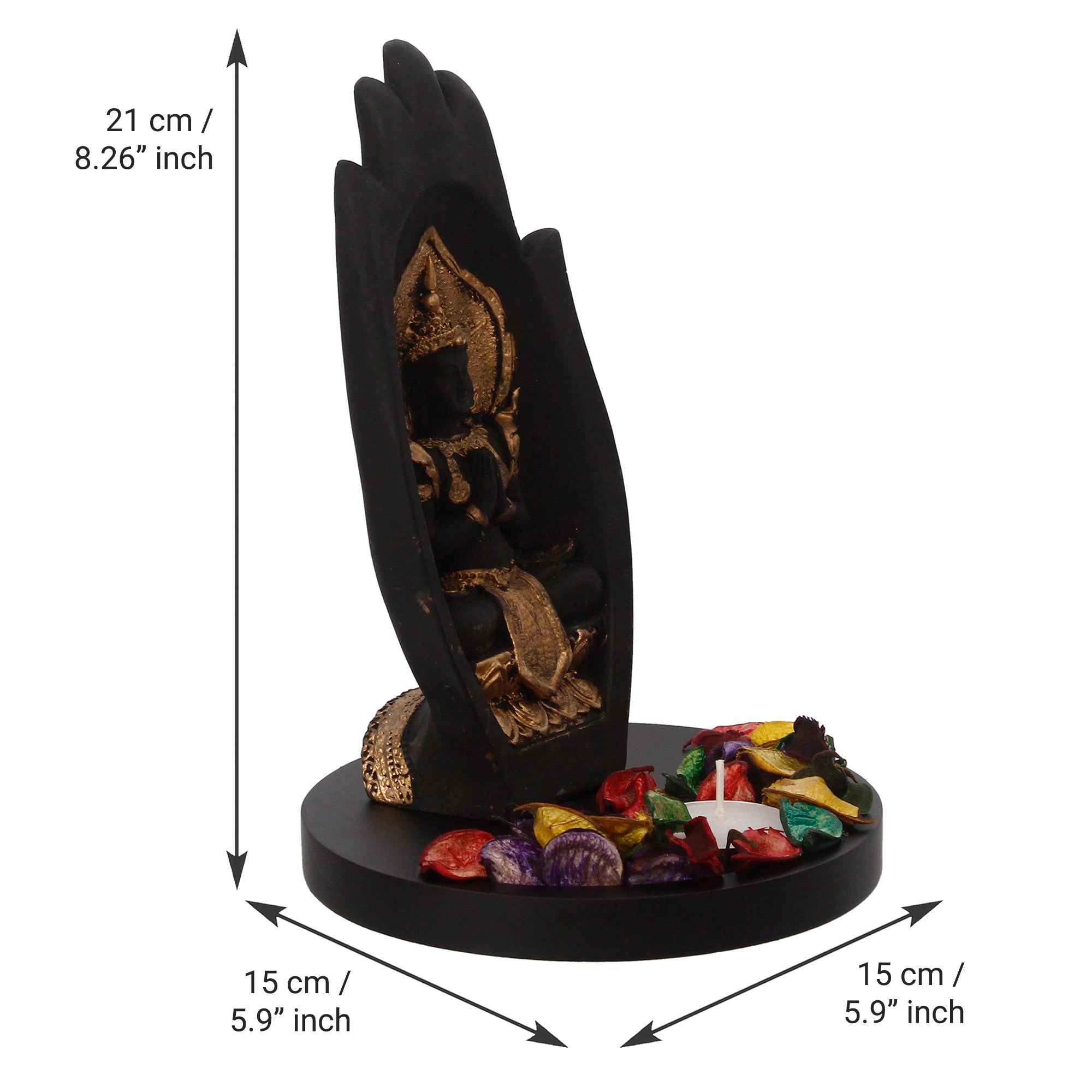 Meditating Buddha Idol Under Palm Decorative Showpiece With Wooden Base, Fragranced Petals, Tealight Holder 3