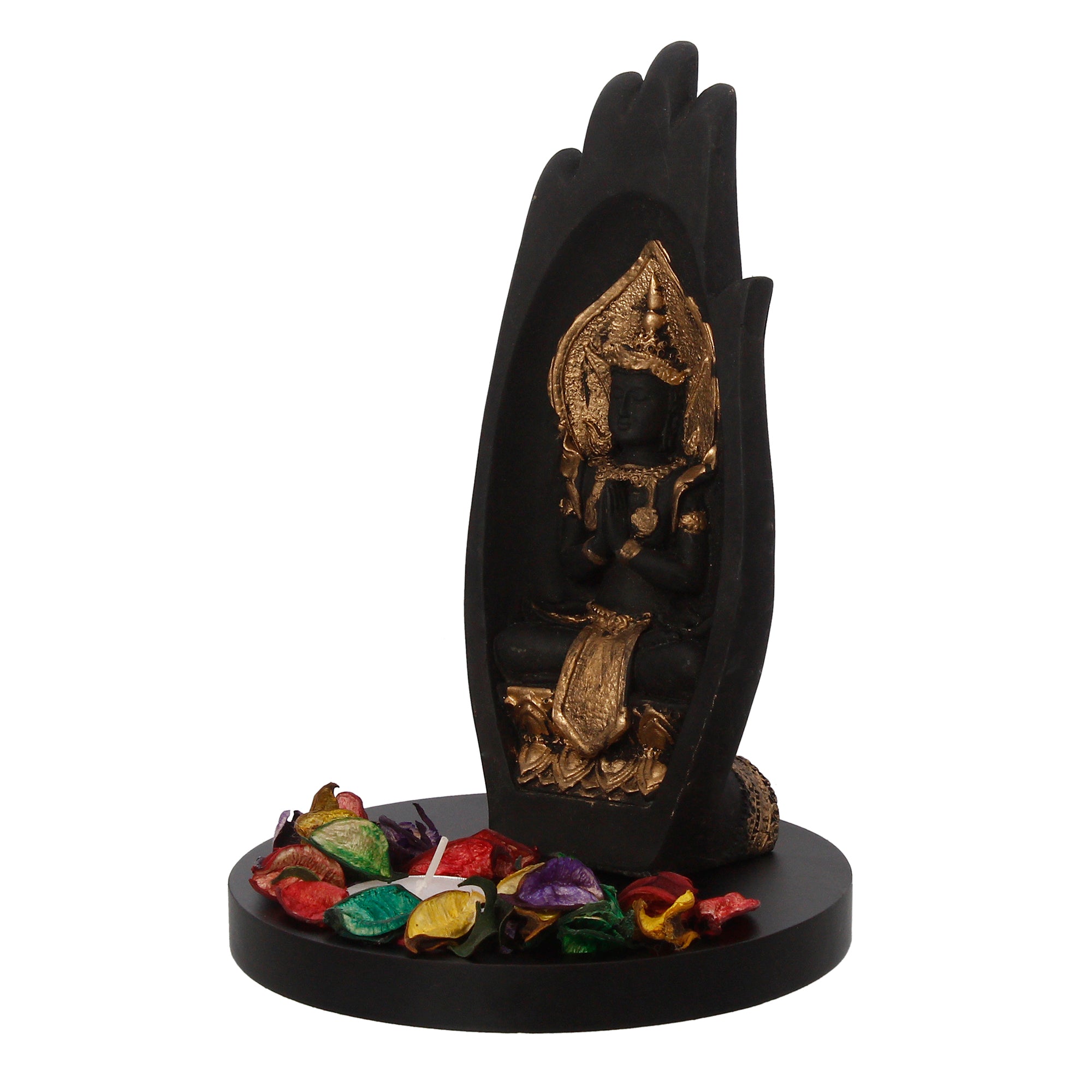 Meditating Buddha Idol Under Palm Decorative Showpiece With Wooden Base, Fragranced Petals, Tealight Holder 5