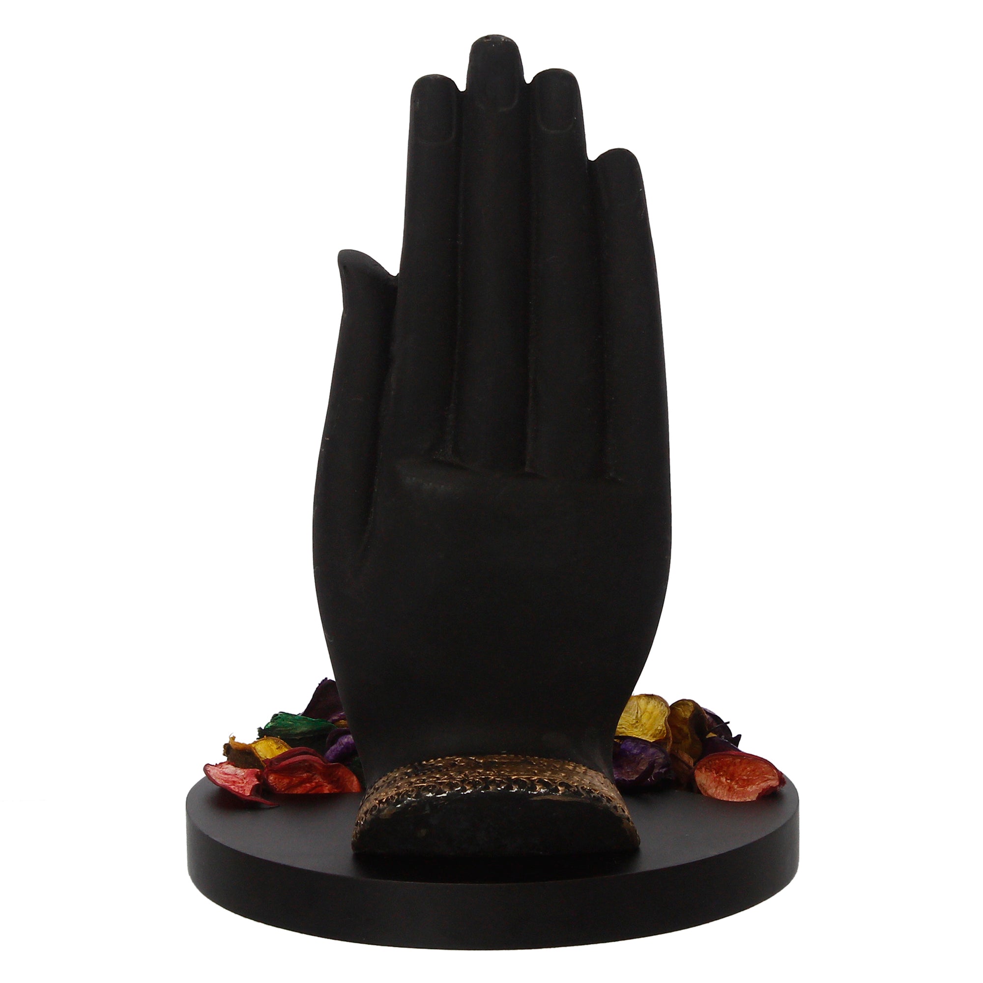 Meditating Buddha Idol Under Palm Decorative Showpiece With Wooden Base, Fragranced Petals, Tealight Holder 6