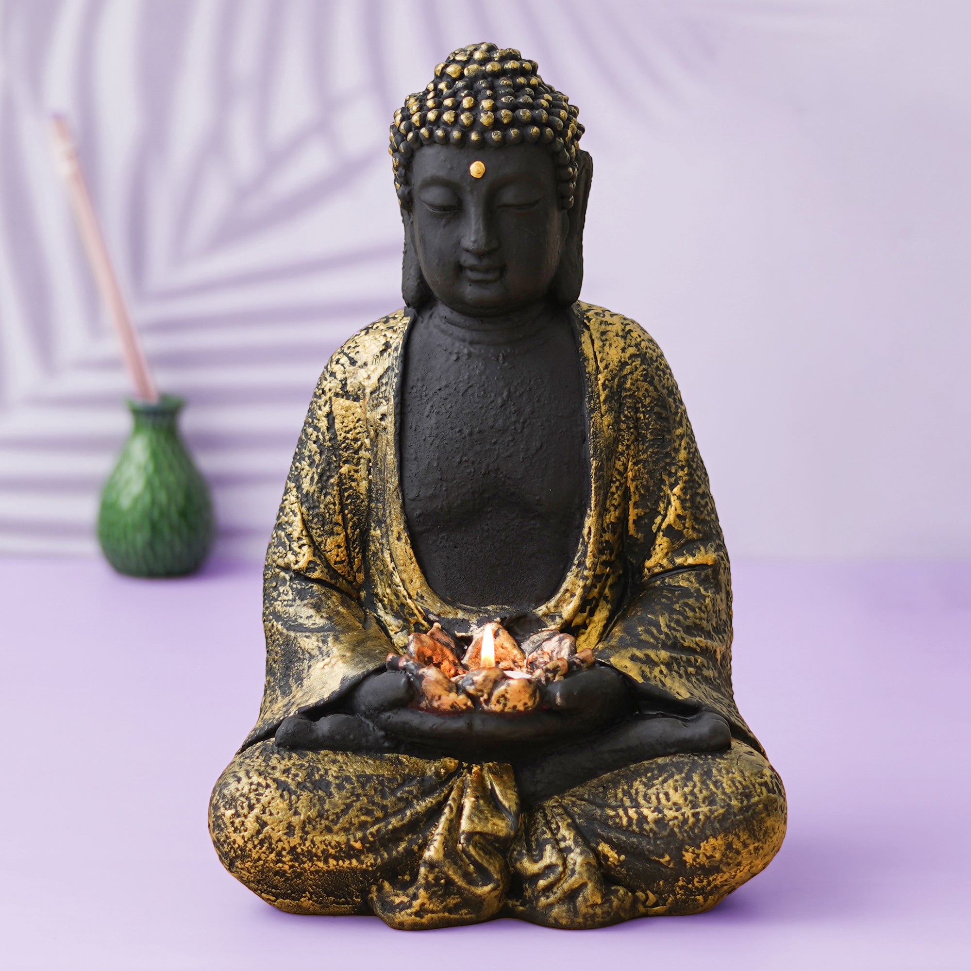 eCraftIndia Black & Golden Polyresin Handcrafted Meditating Buddha Idol with Lotus Flower in Hands Statue Tea Light Holder 4