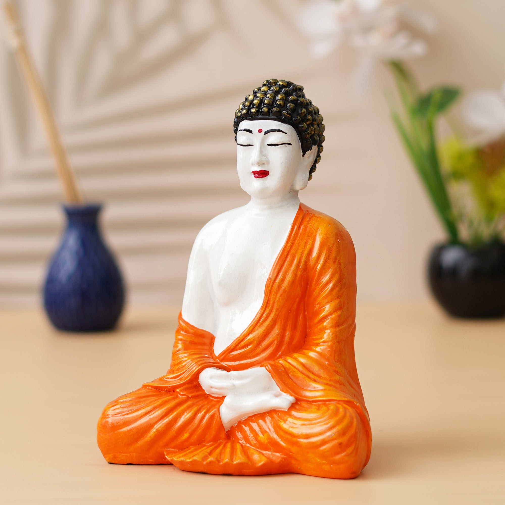 eCraftIndia Orange, & White Polyresin Handcrafted Meditating Buddha Statue