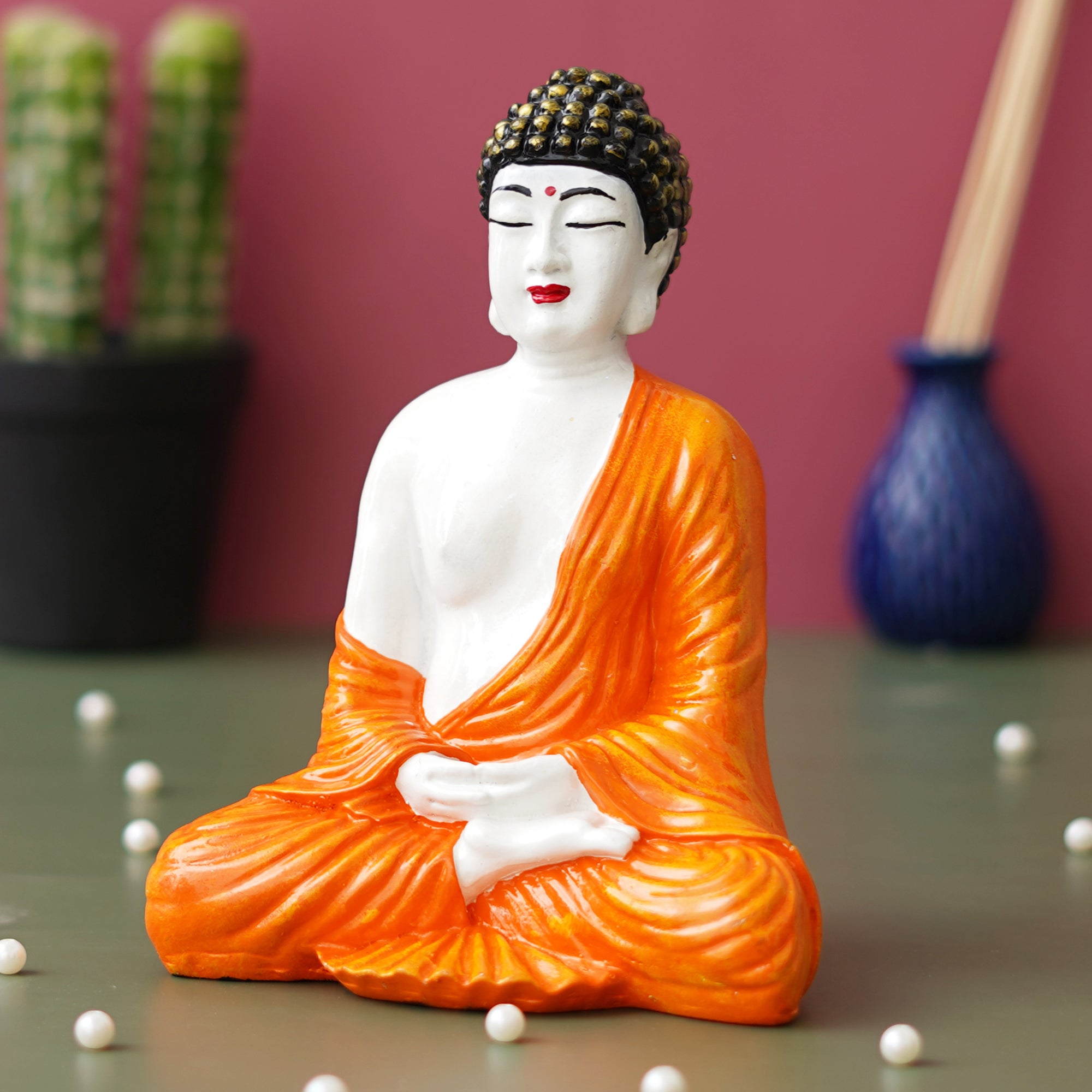 eCraftIndia Orange, & White Polyresin Handcrafted Meditating Buddha Statue 4