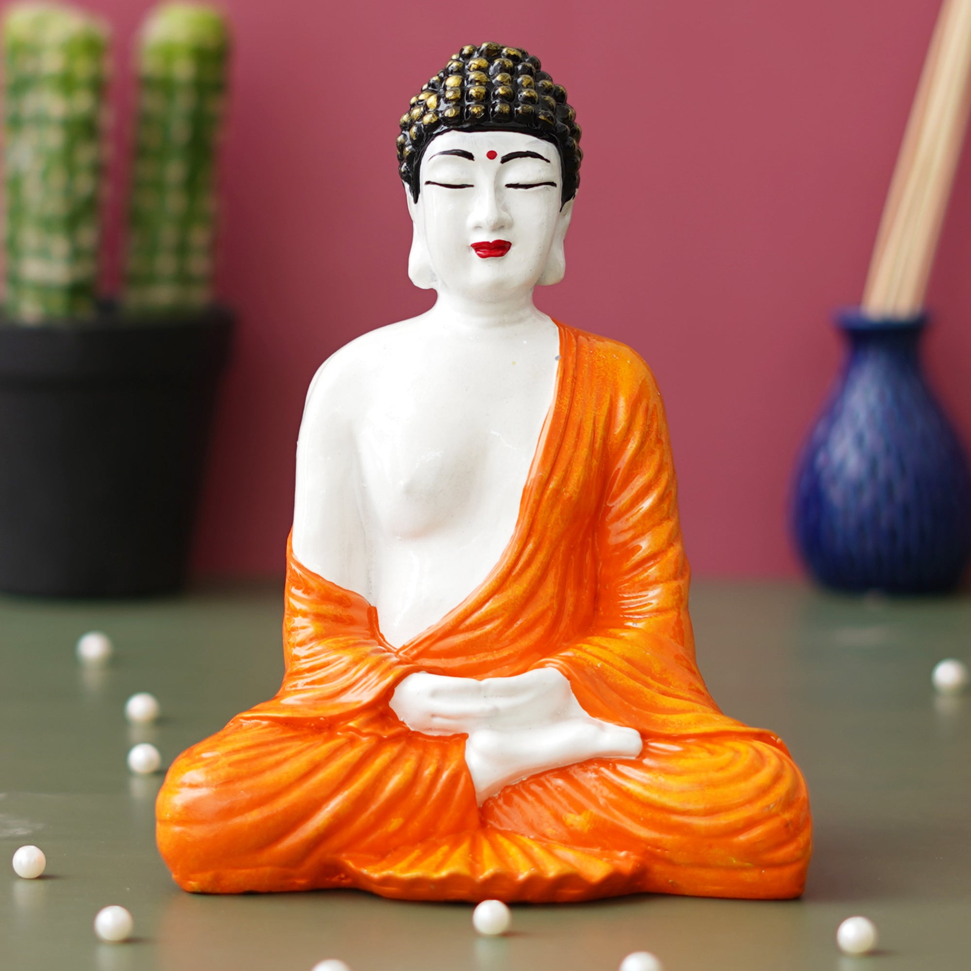 eCraftIndia Orange, & White Polyresin Handcrafted Meditating Buddha Statue 5