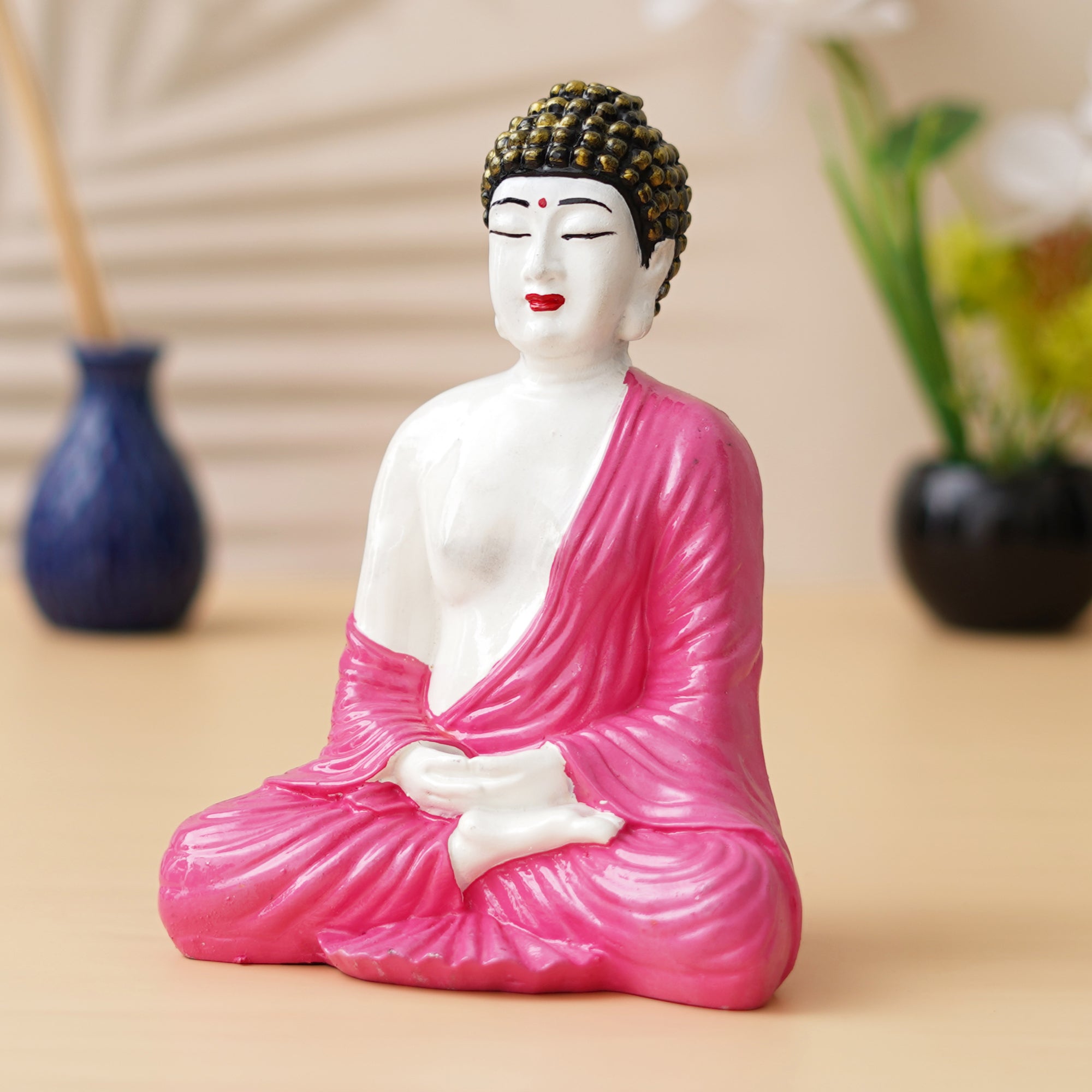 eCraftIndia White & Pink Polyresin Handcrafted Meditating Buddha Statue