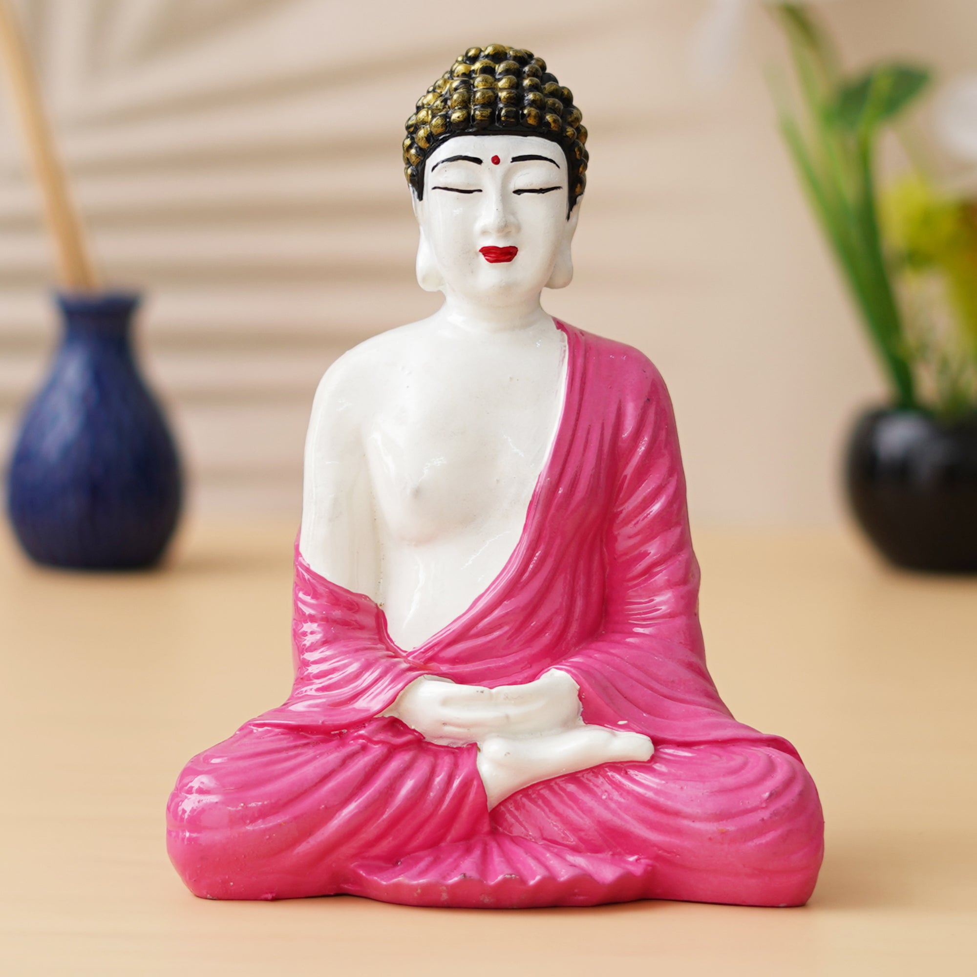 eCraftIndia White & Pink Polyresin Handcrafted Meditating Buddha Statue 1