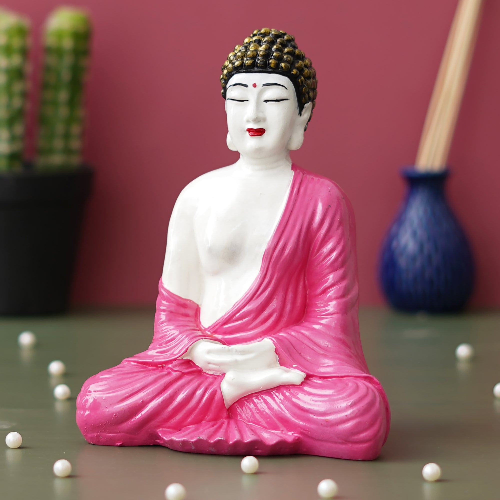 eCraftIndia White & Pink Polyresin Handcrafted Meditating Buddha Statue 4