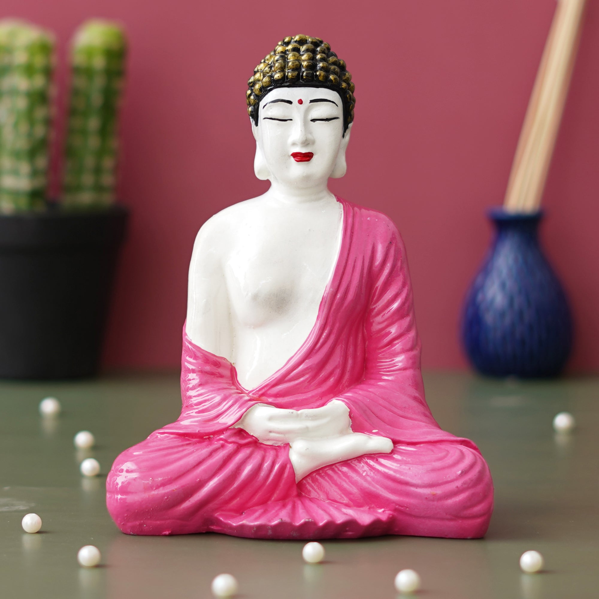 eCraftIndia White & Pink Polyresin Handcrafted Meditating Buddha Statue 5