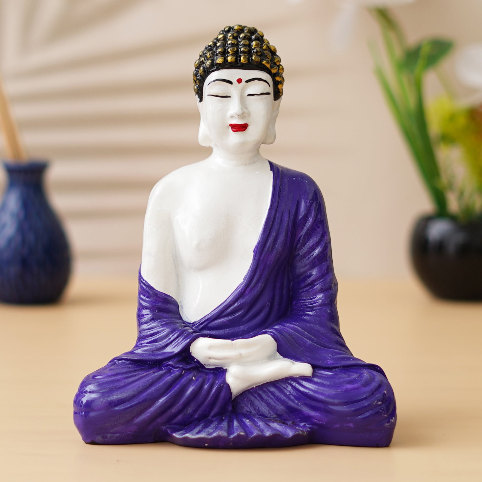 eCraftIndia Purple & White Polyresin Handcrafted Meditating Buddha Statue