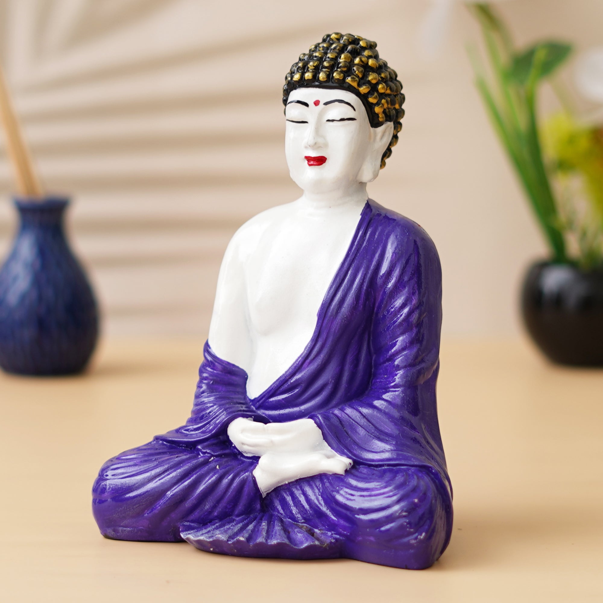 eCraftIndia Purple & White Polyresin Handcrafted Meditating Buddha Statue 1