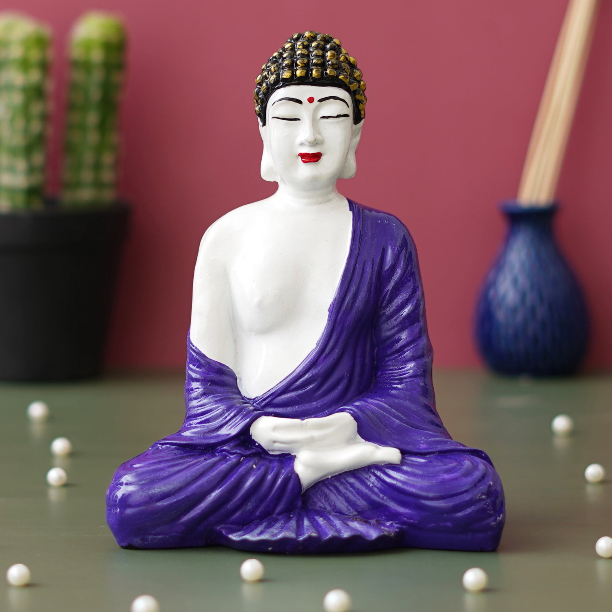 eCraftIndia Purple & White Polyresin Handcrafted Meditating Buddha Statue 5