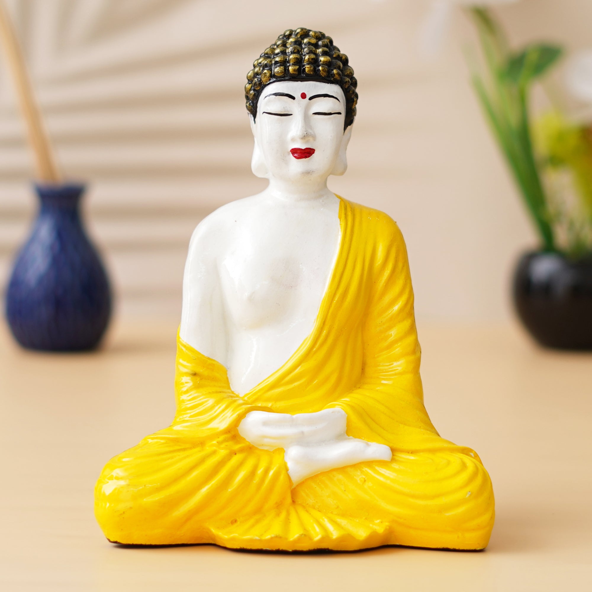 eCraftIndia Yellow & White Polyresin Handcrafted Meditating Buddha Statue