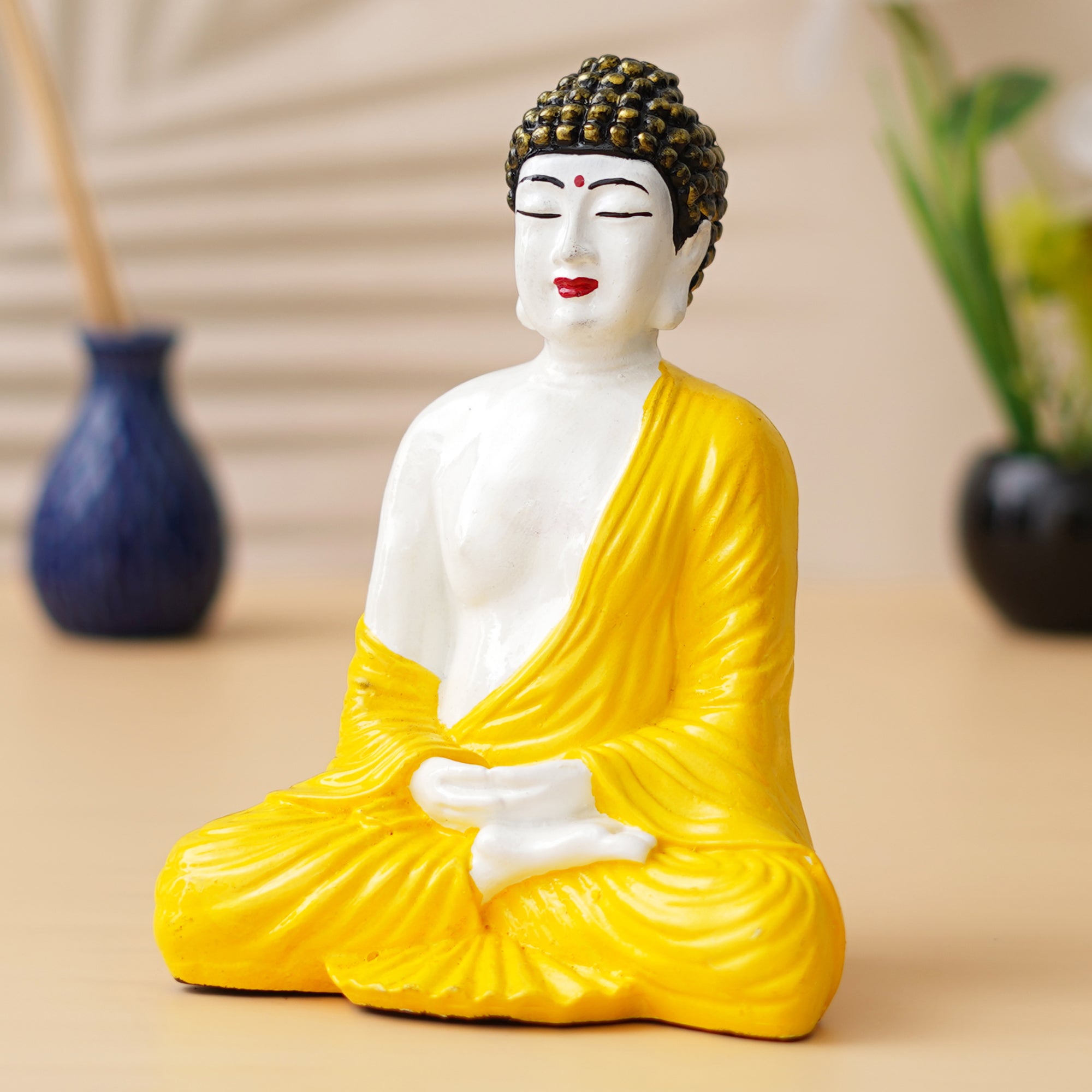 eCraftIndia Yellow & White Polyresin Handcrafted Meditating Buddha Statue 1