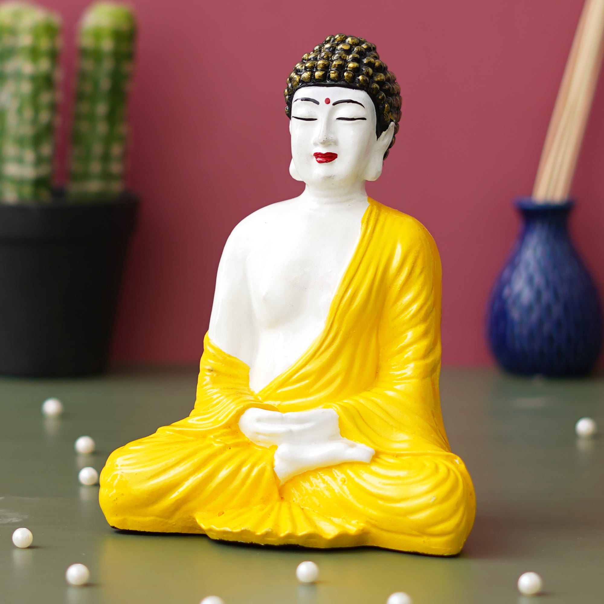 eCraftIndia Yellow & White Polyresin Handcrafted Meditating Buddha Statue 4