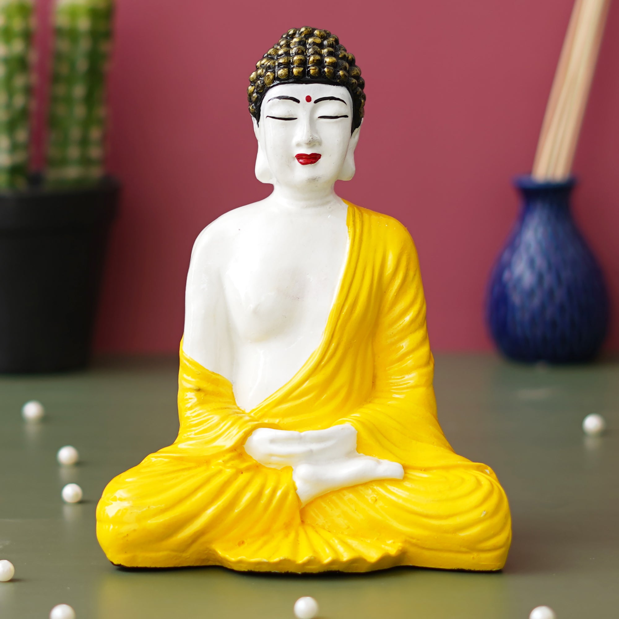 eCraftIndia Yellow & White Polyresin Handcrafted Meditating Buddha Statue 5