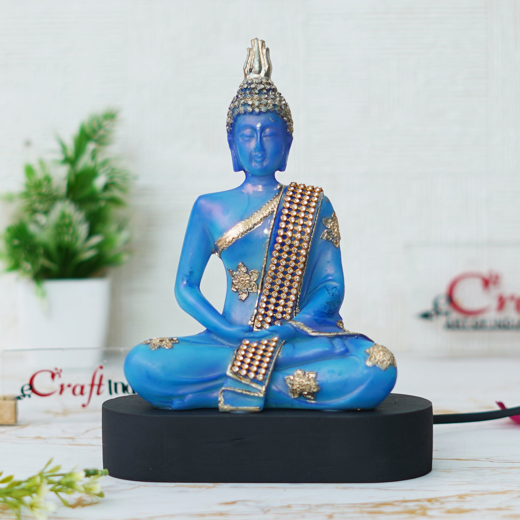 eCraftIndia Blue and Golden Polyresin Handcrafted Meditating Lord Buddha Statue