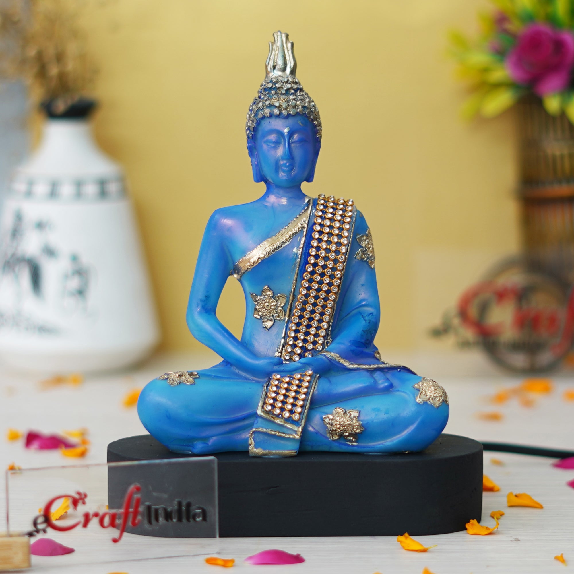 eCraftIndia Blue and Golden Polyresin Handcrafted Meditating Lord Buddha Statue 1