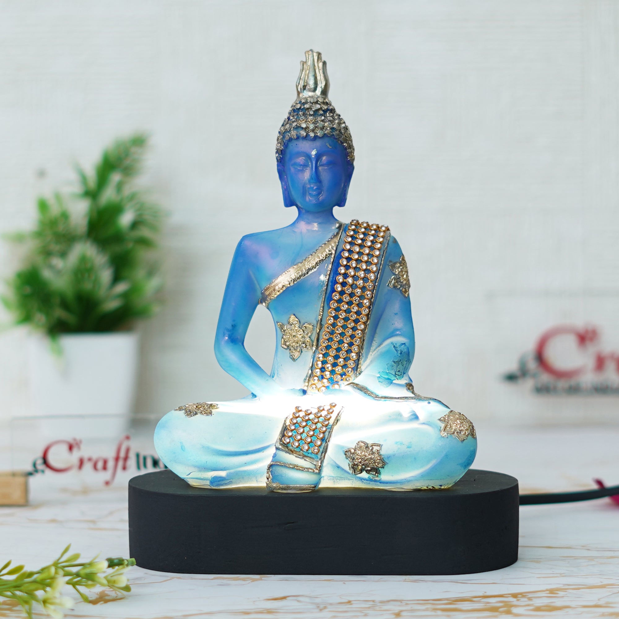 eCraftIndia Blue and Golden Polyresin Handcrafted Meditating Lord Buddha Statue 4