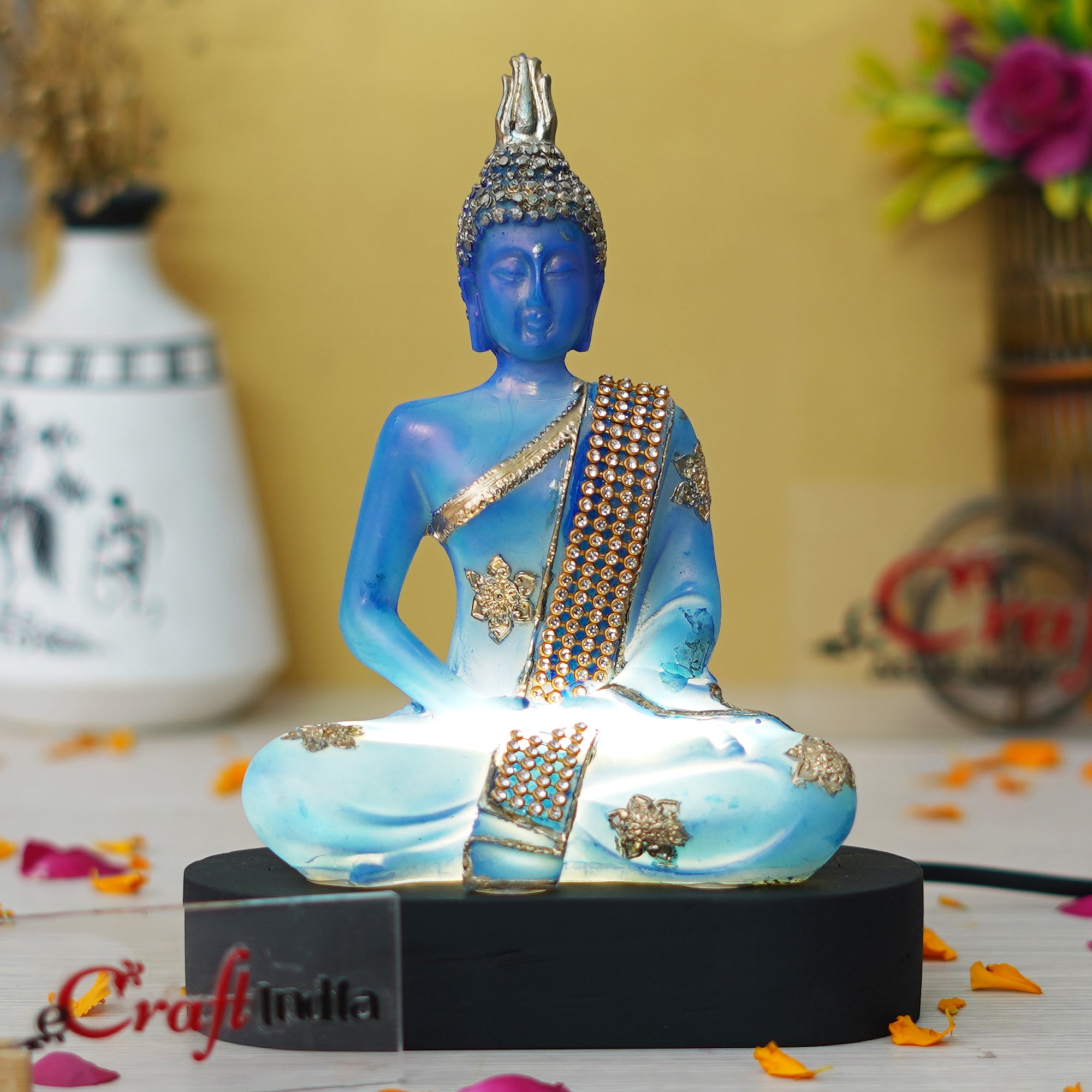 eCraftIndia Blue and Golden Polyresin Handcrafted Meditating Lord Buddha Statue 5