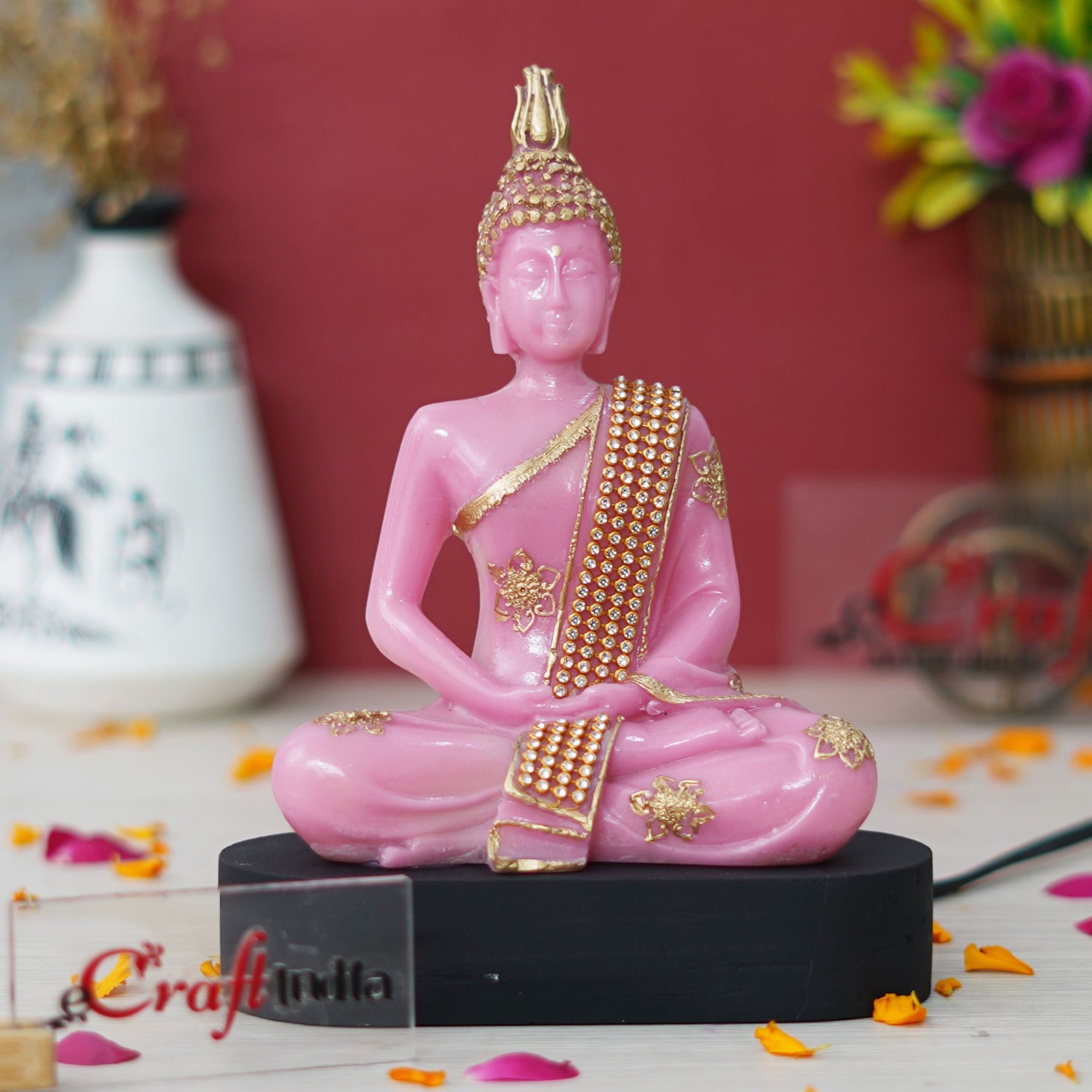 eCraftIndia Pink and Golden Polyresin Handcrafted Meditating Lord Buddha Statue