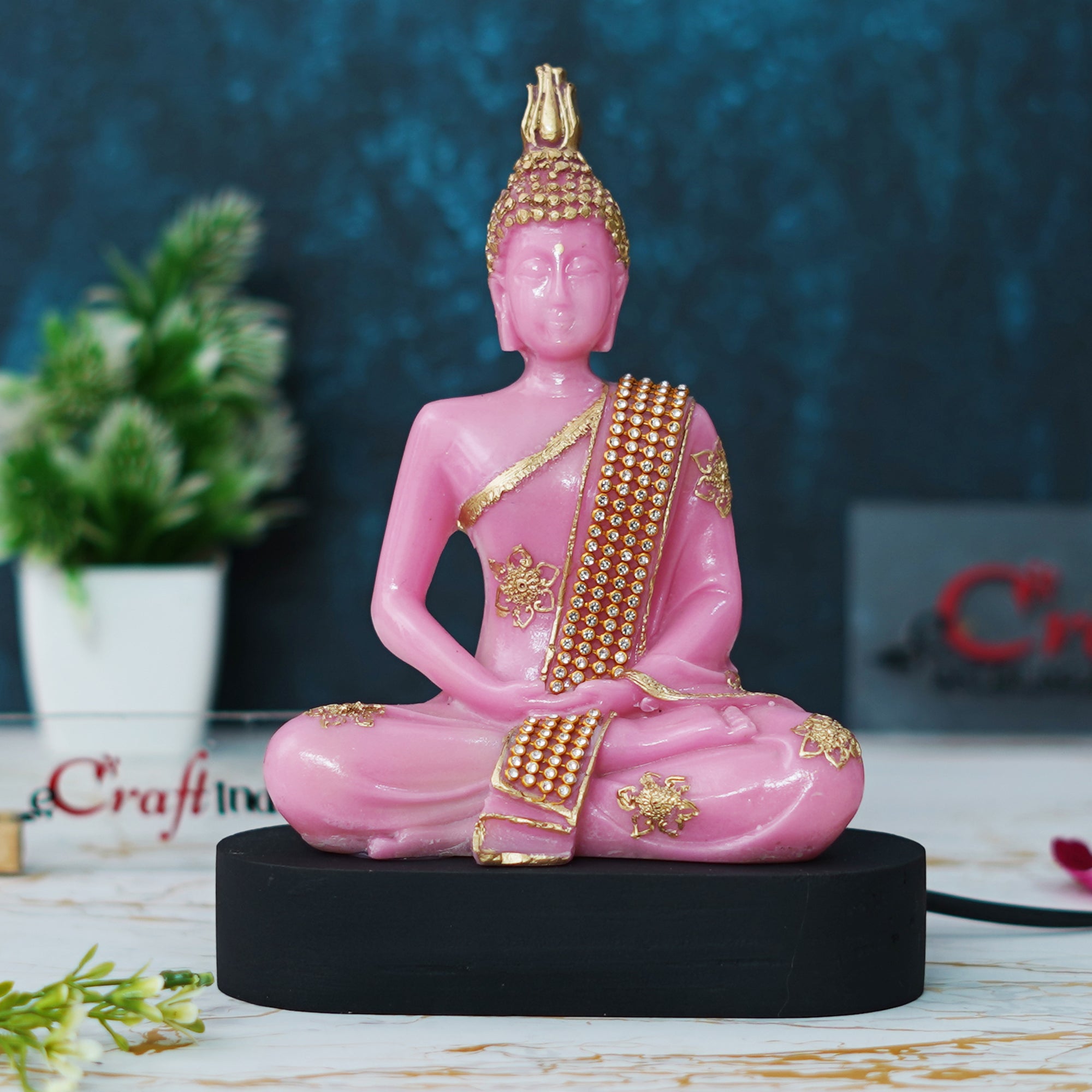 eCraftIndia Pink and Golden Polyresin Handcrafted Meditating Lord Buddha Statue 1