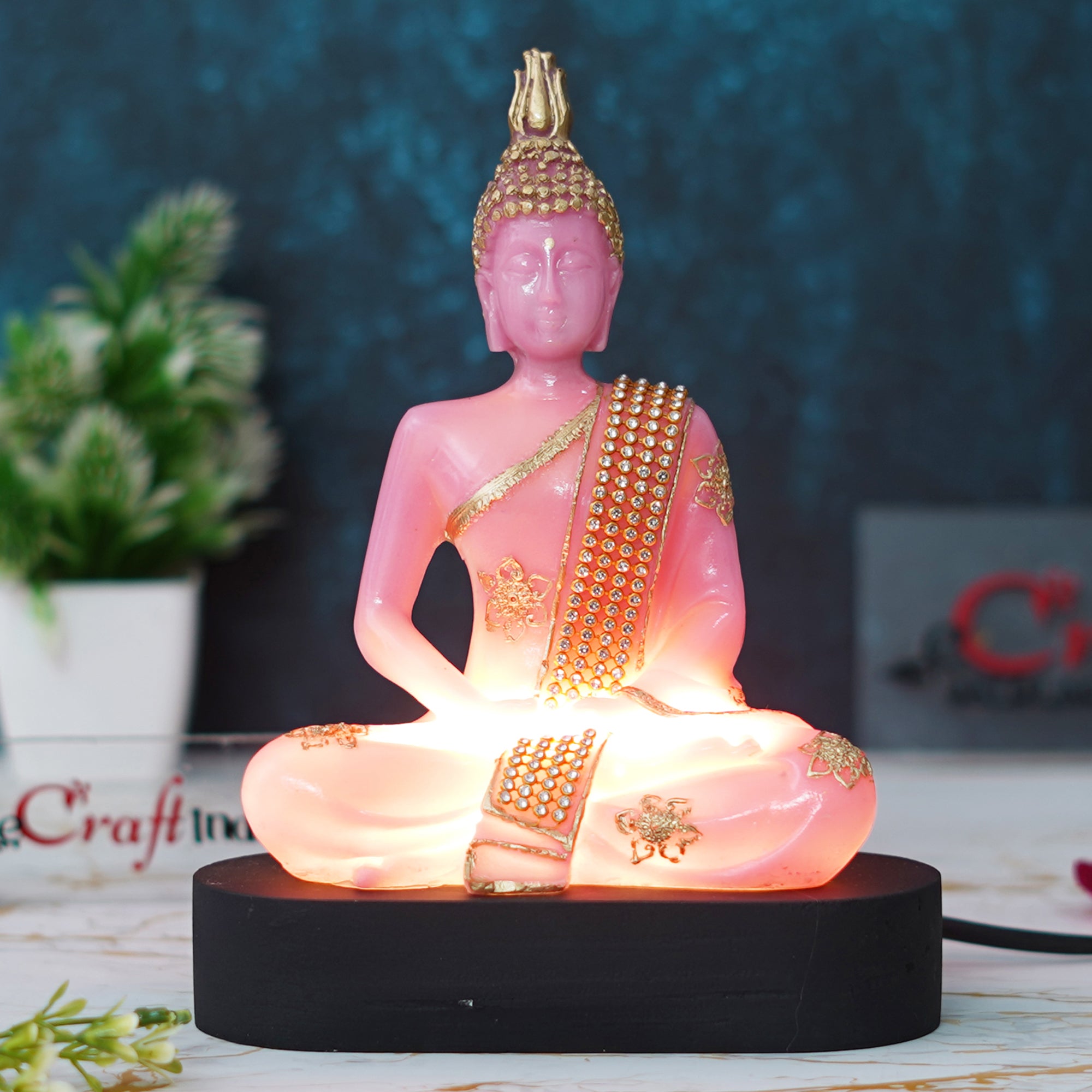 eCraftIndia Pink and Golden Polyresin Handcrafted Meditating Lord Buddha Statue 4