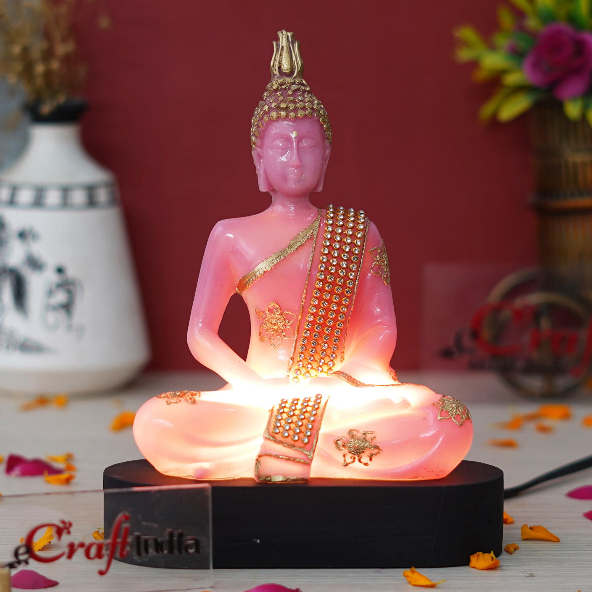 eCraftIndia Pink and Golden Polyresin Handcrafted Meditating Lord Buddha Statue 5