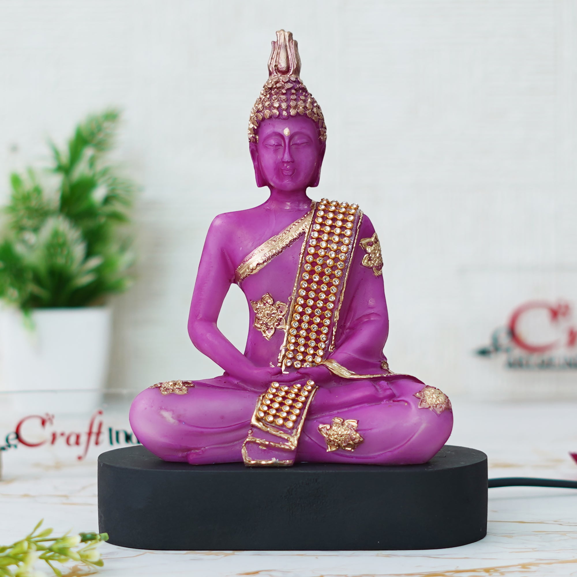 eCraftIndia Purple & Golden Polyresin Handcrafted Meditating Lord Buddha Statue