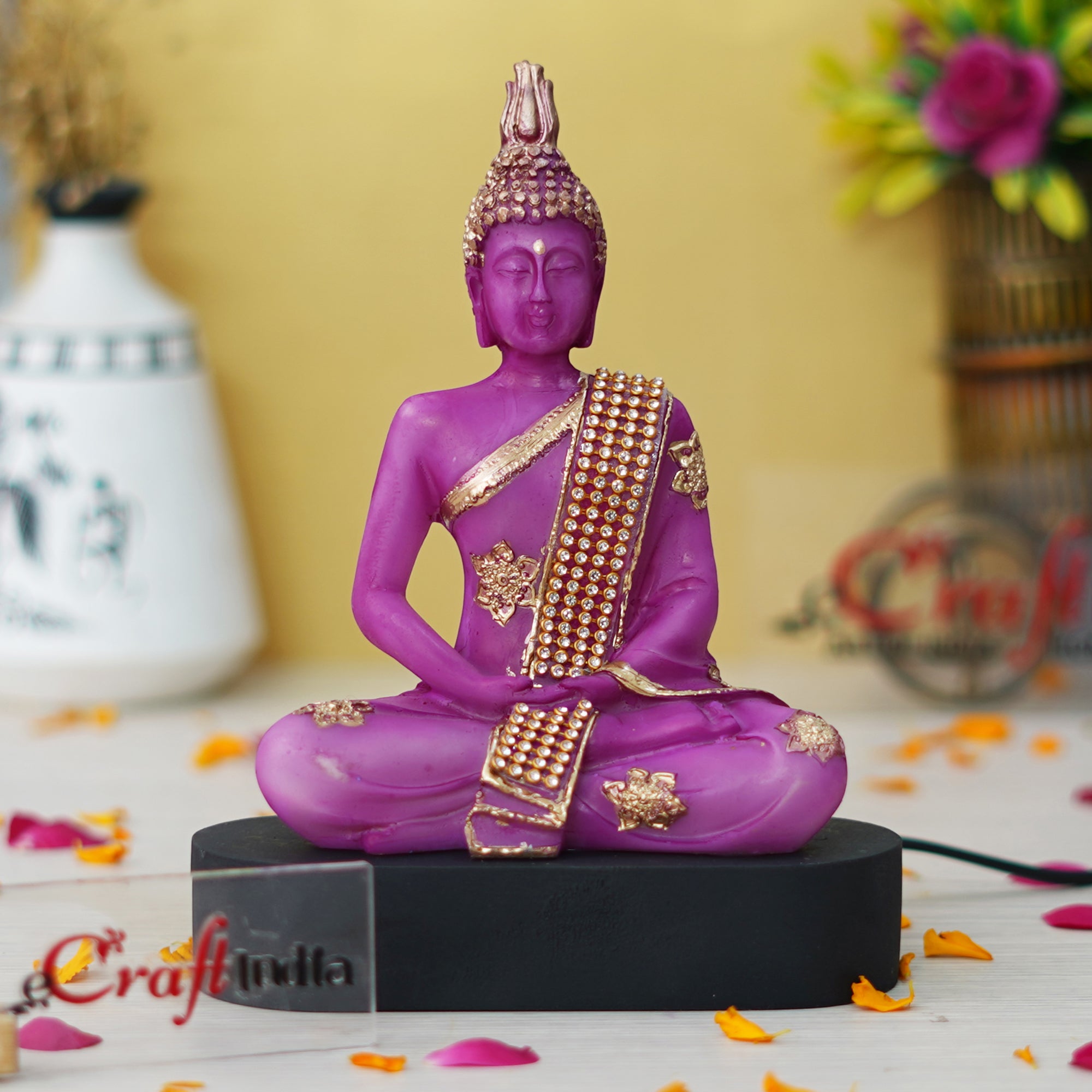 eCraftIndia Purple & Golden Polyresin Handcrafted Meditating Lord Buddha Statue 1