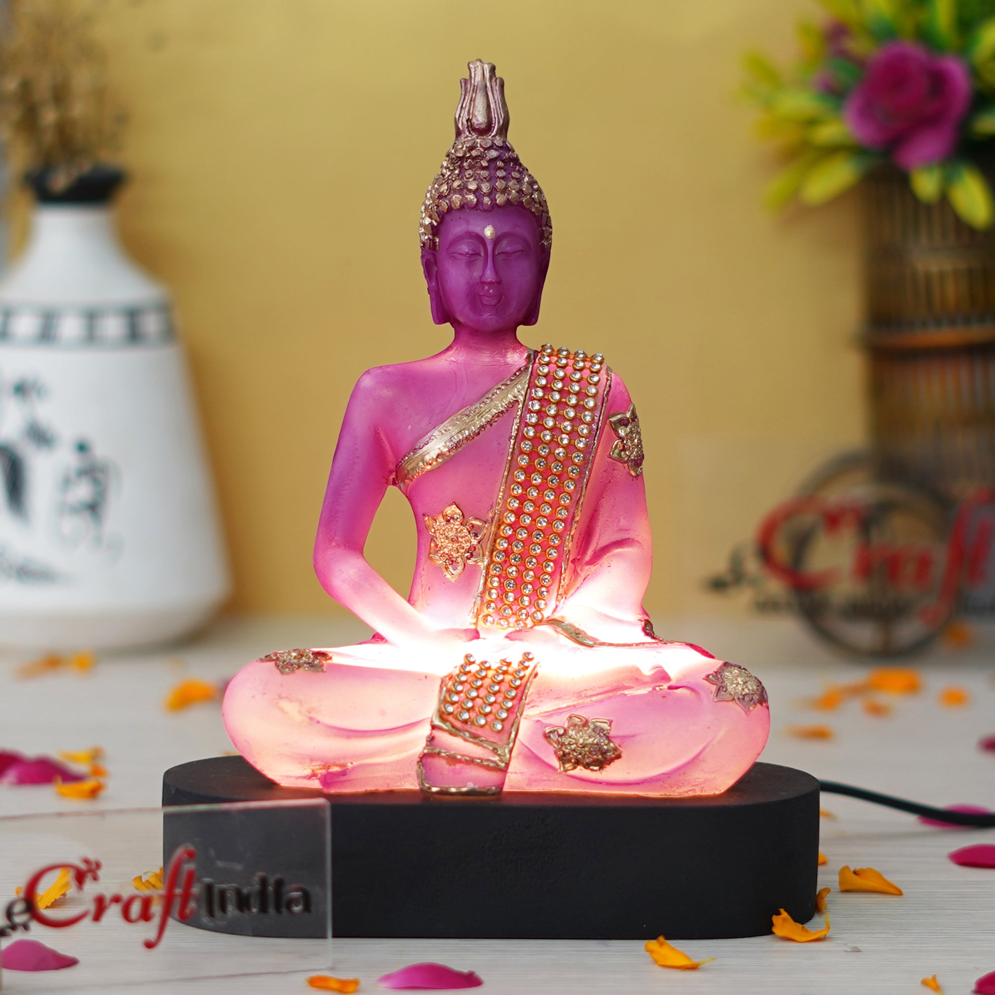 eCraftIndia Purple & Golden Polyresin Handcrafted Meditating Lord Buddha Statue 5