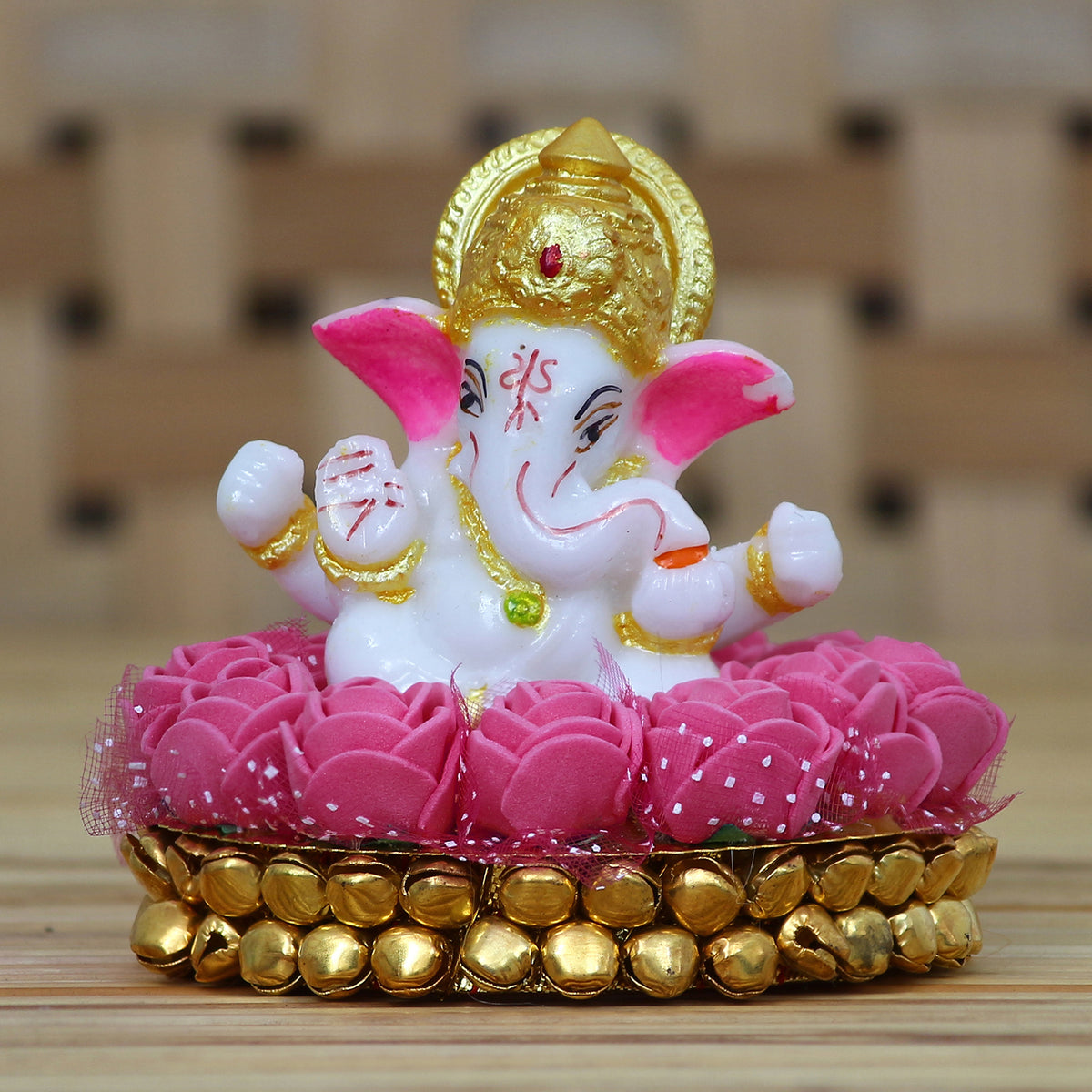 Lord Ganesha Idol on Decorative Handcrafted Plate with Pink Flowers ...