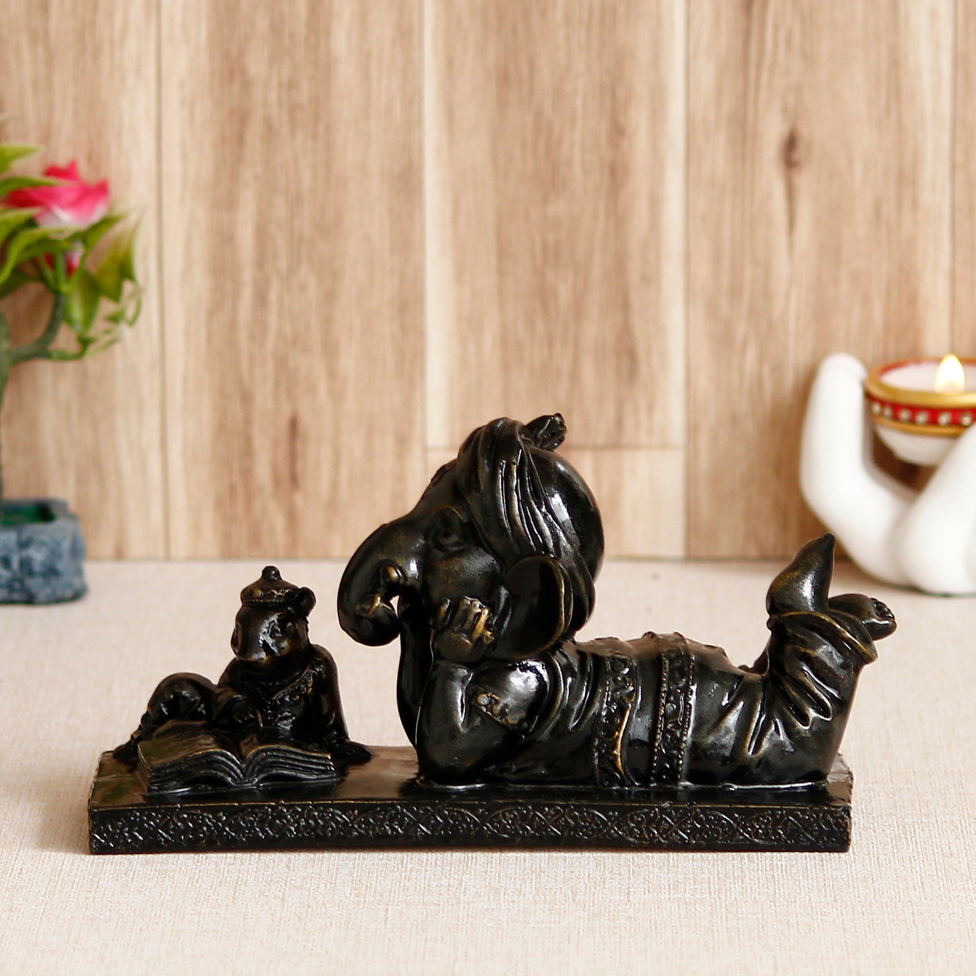 Polyresin Black Lord Ganesha Statue Sitting With Mushak and Reading book Decorative Showpiece 1