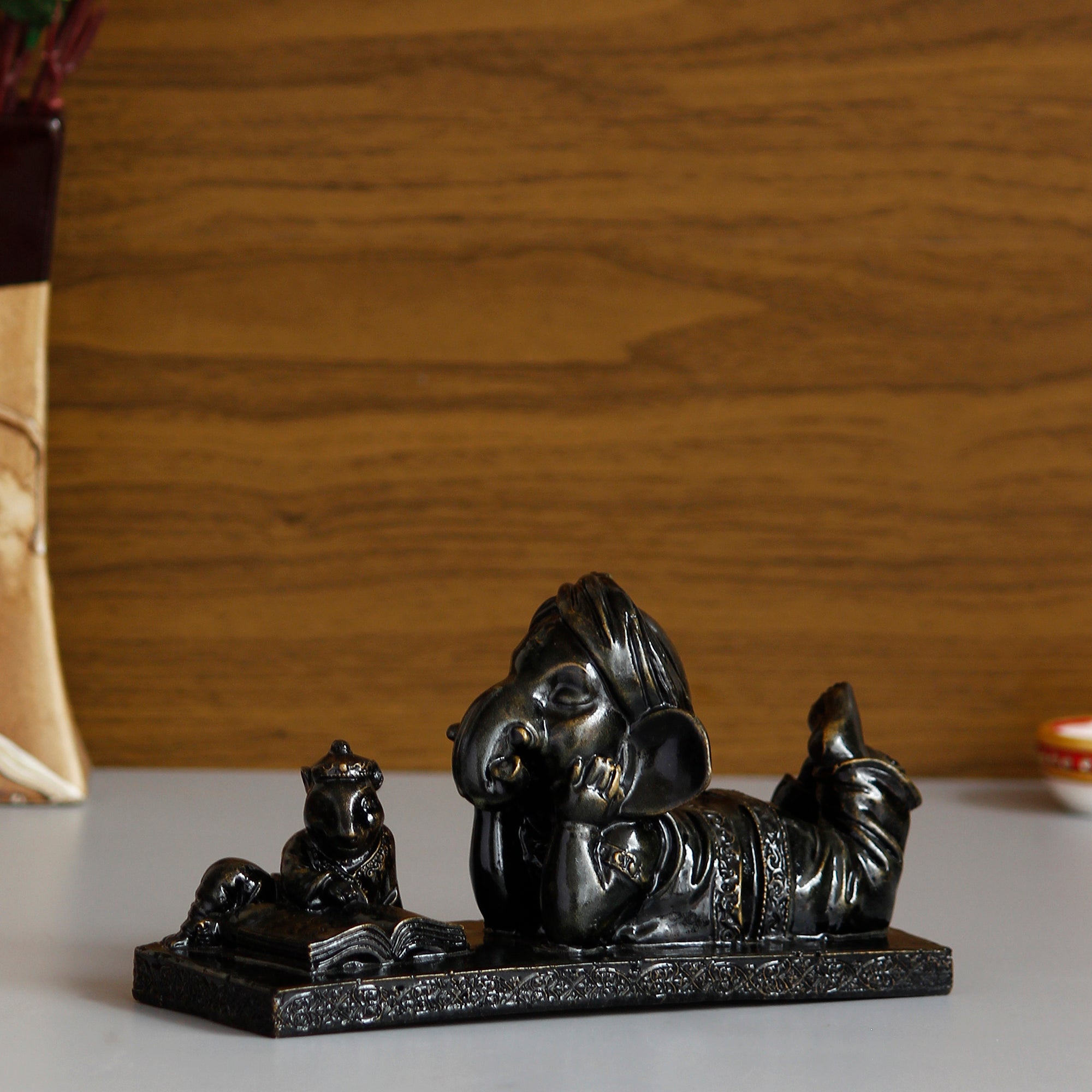 Polyresin Black Lord Ganesha Statue Sitting With Mushak and Reading book Decorative Showpiece 2