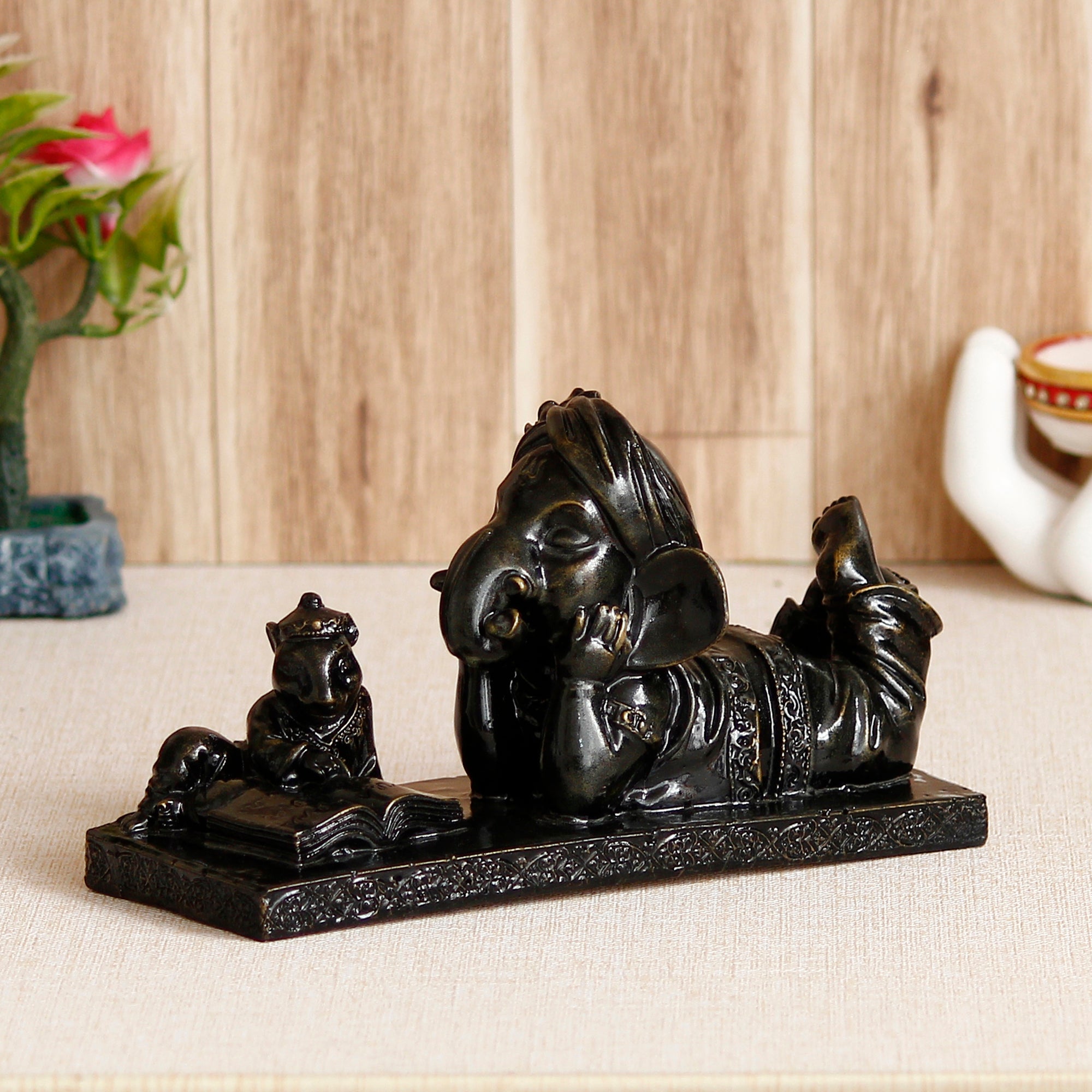 Polyresin Black Lord Ganesha Statue Sitting With Mushak and Reading book Decorative Showpiece