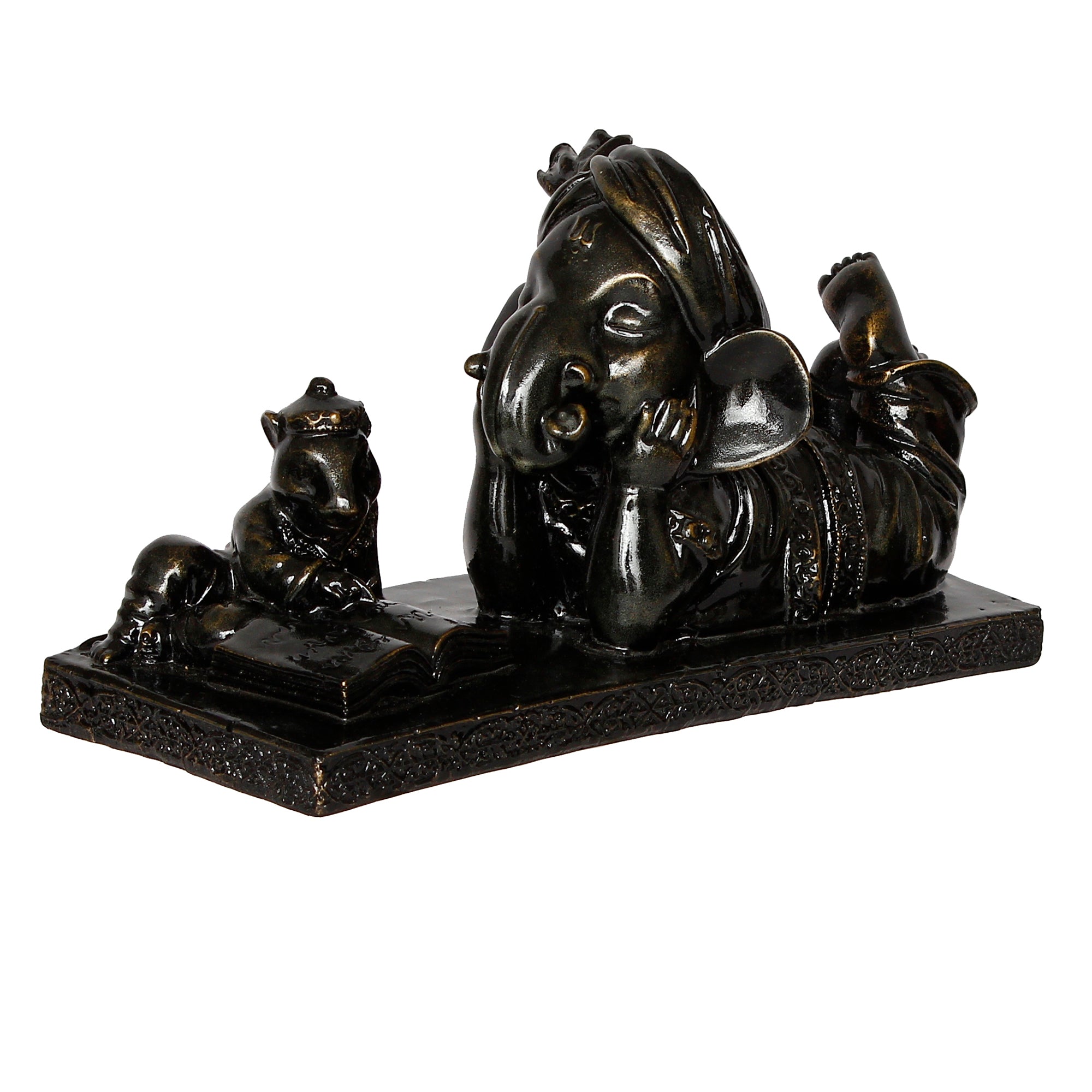 Polyresin Black Lord Ganesha Statue Sitting With Mushak and Reading book Decorative Showpiece 3