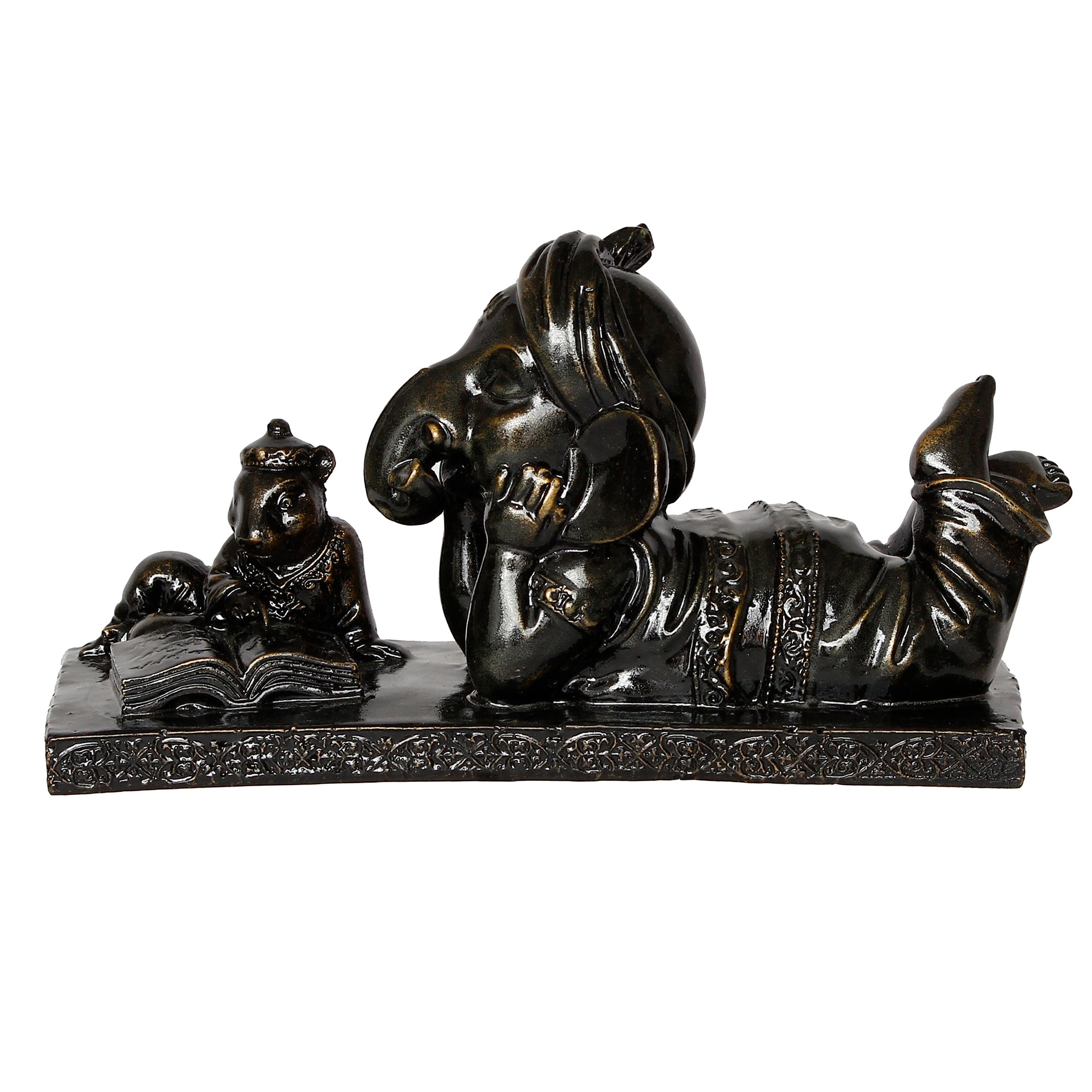 Polyresin Black Lord Ganesha Statue Sitting With Mushak and Reading book Decorative Showpiece 5