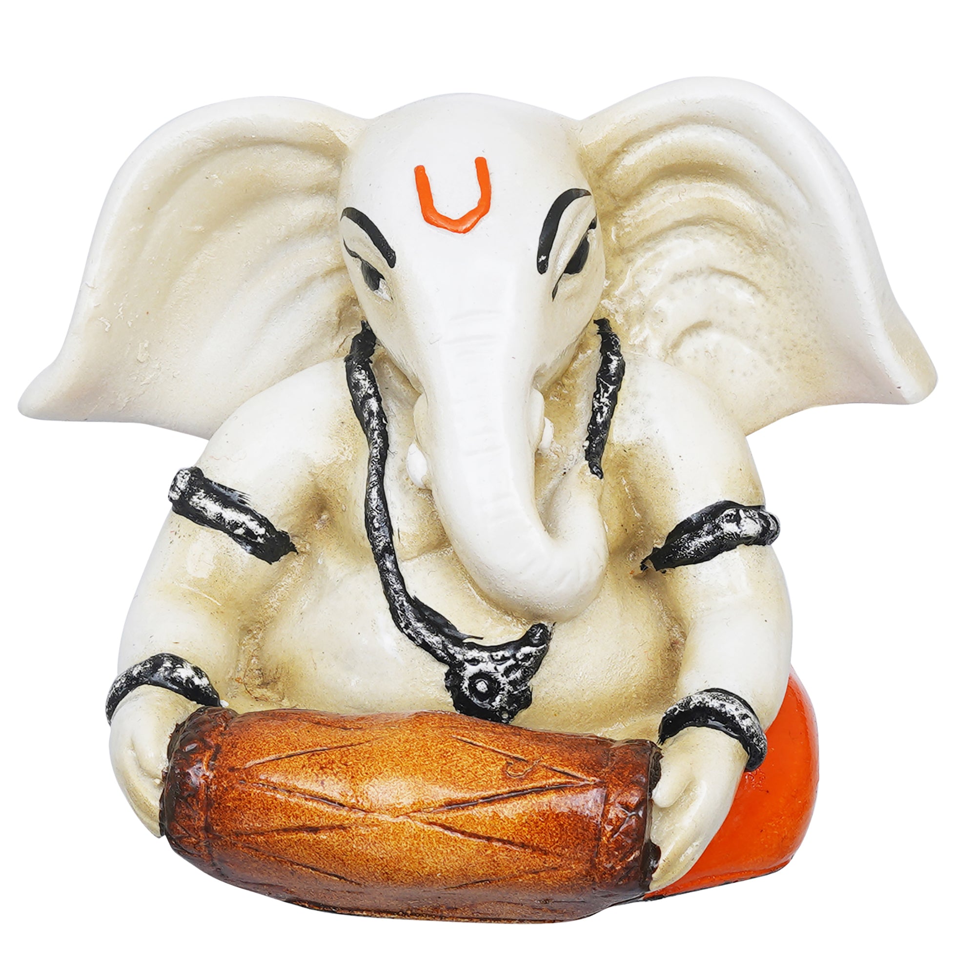 eCraftIndia White & Orange Polyresin Handcrafted Lord Ganesha Idol Playing Tabla Musical Instrument 2